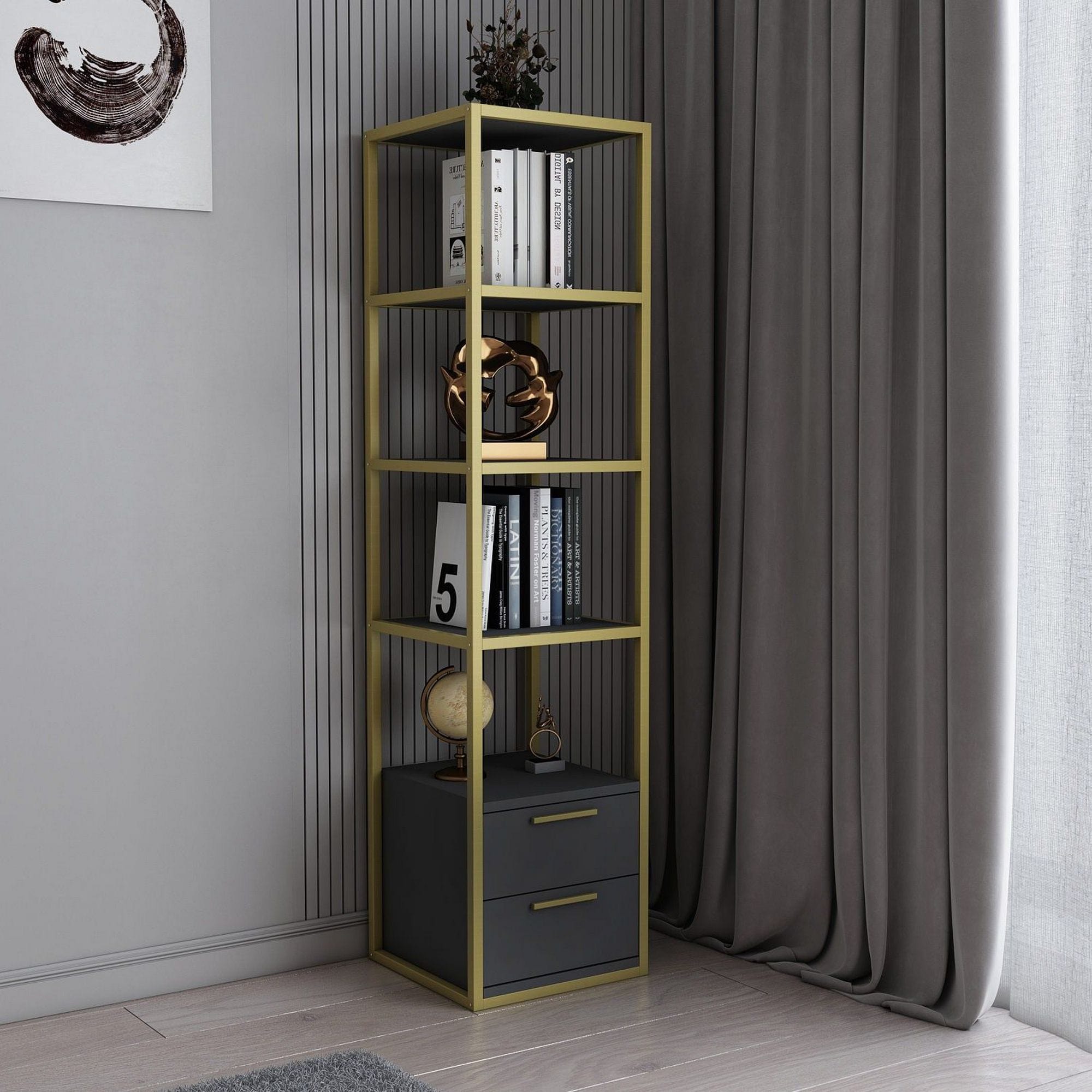 Etajera ROBCOSS, auriu/gri antracit, PAL melaminat/metal, 39x39x160 cm