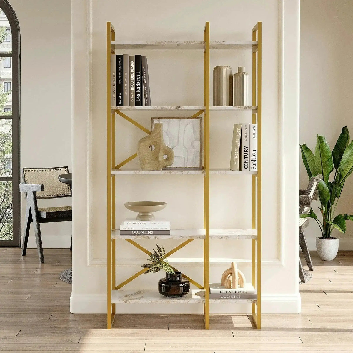 Etajera sufragerie VG4-GE, alb cu efect de marmura/auriu, PAL melaminat, 88x30x175 cm