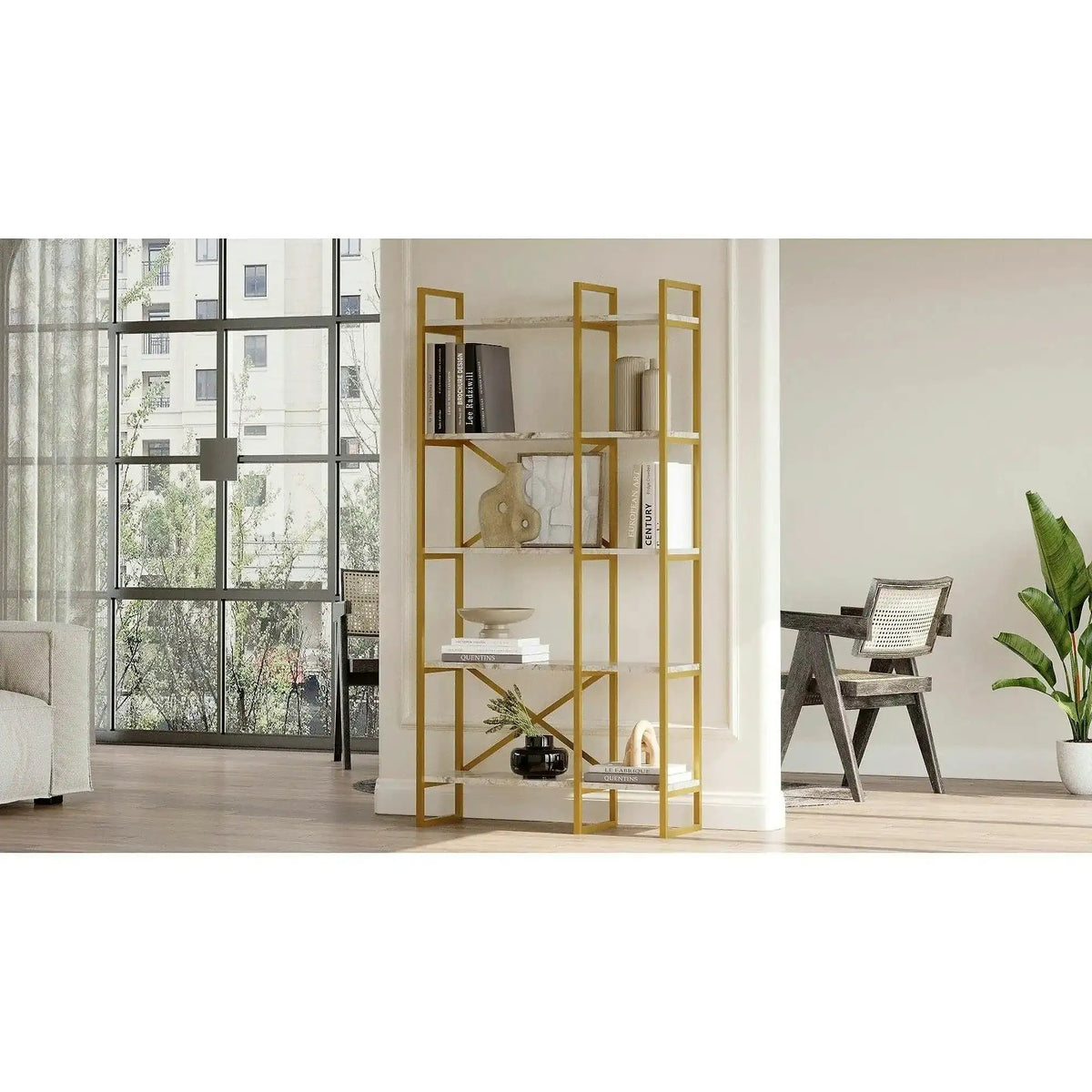Etajera sufragerie VG4-GE, alb cu efect de marmura/auriu, PAL melaminat, 88x30x175 cm