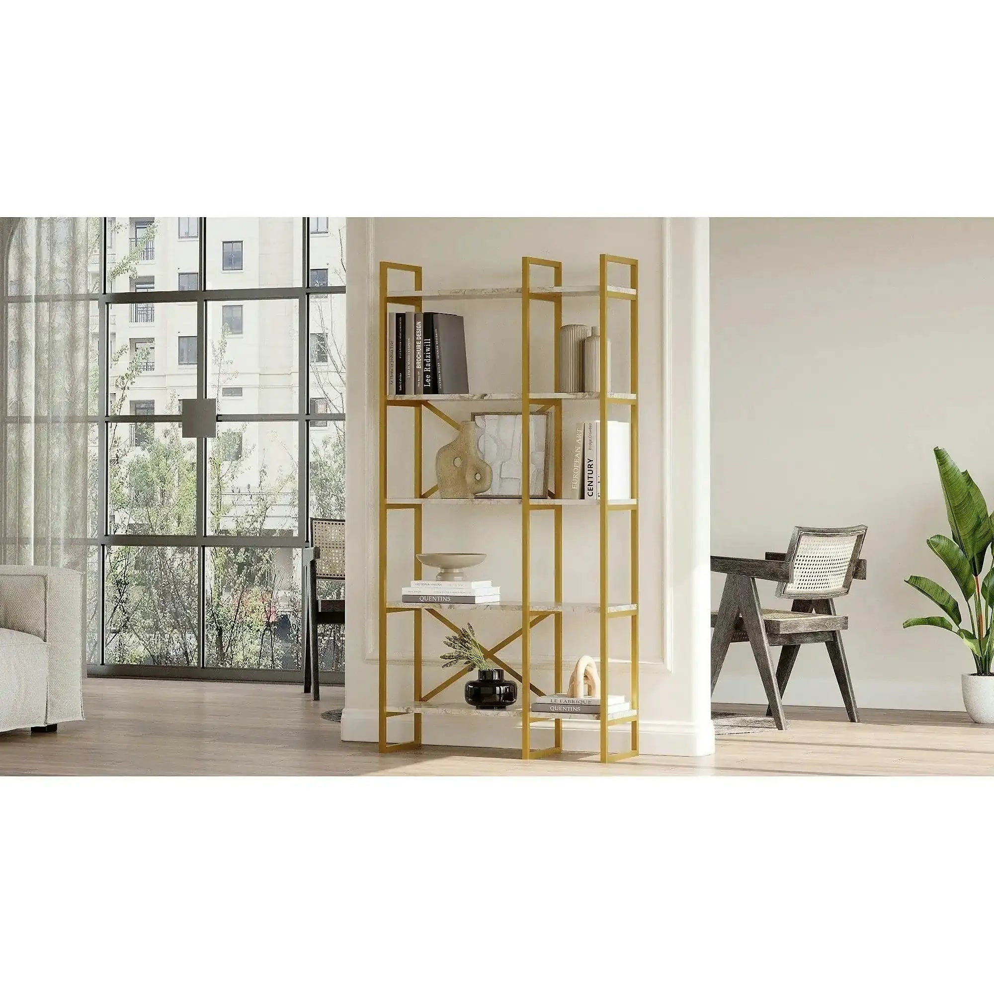 Etajera sufragerie VG4-GE, alb cu efect de marmura/auriu, PAL melaminat, 88x30x175 cm