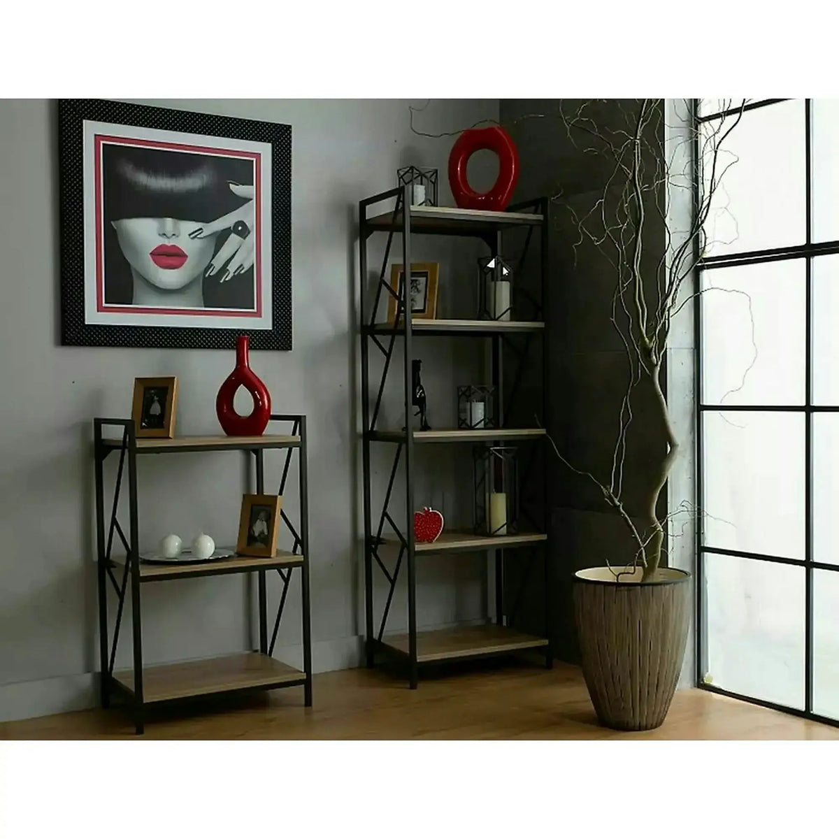 Etajera TABLO R5, stejar/maro inchis, PAL laminat/metal, 60x40x180 cm