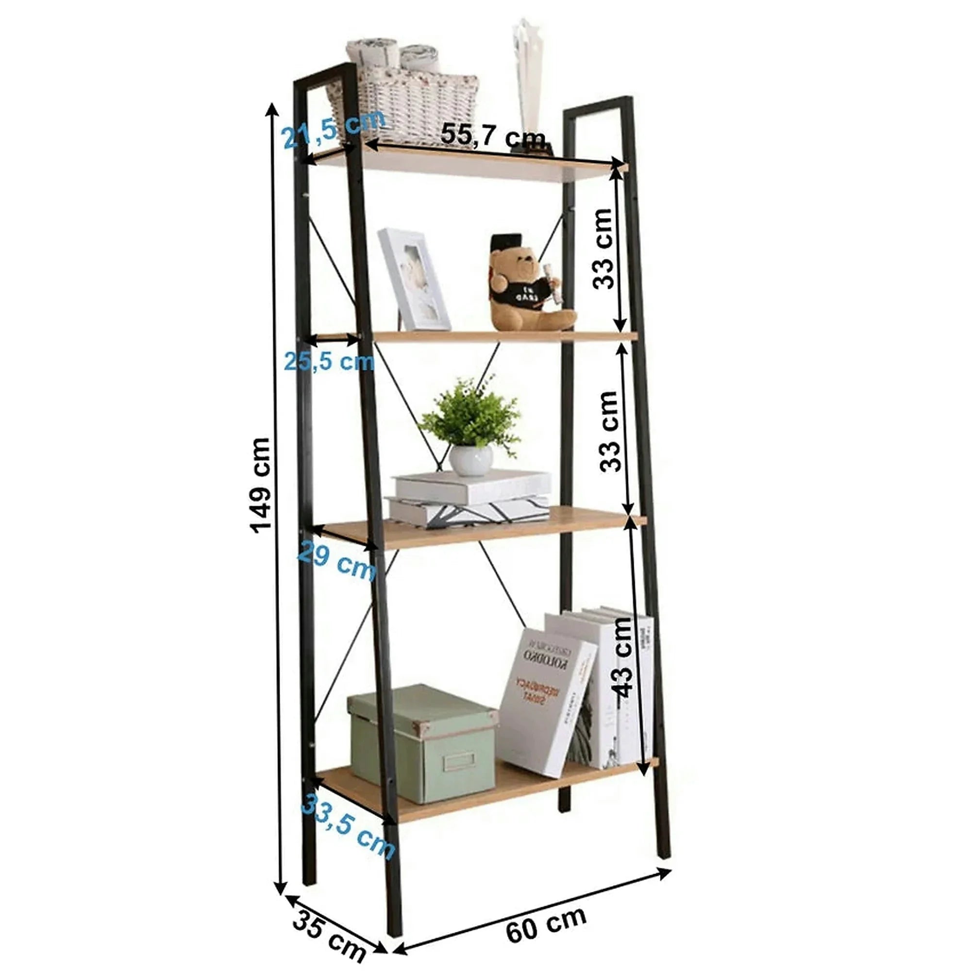 Etajera THEA, stejar/negru, DTD laminat/metal, 60x35x149 cm