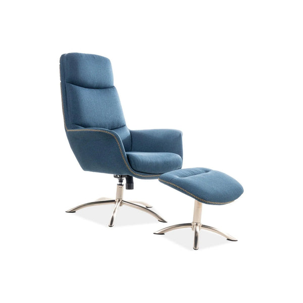 Fotoliu recliner cu taburet REGAN, albastru inchis/crom, stofa/metal