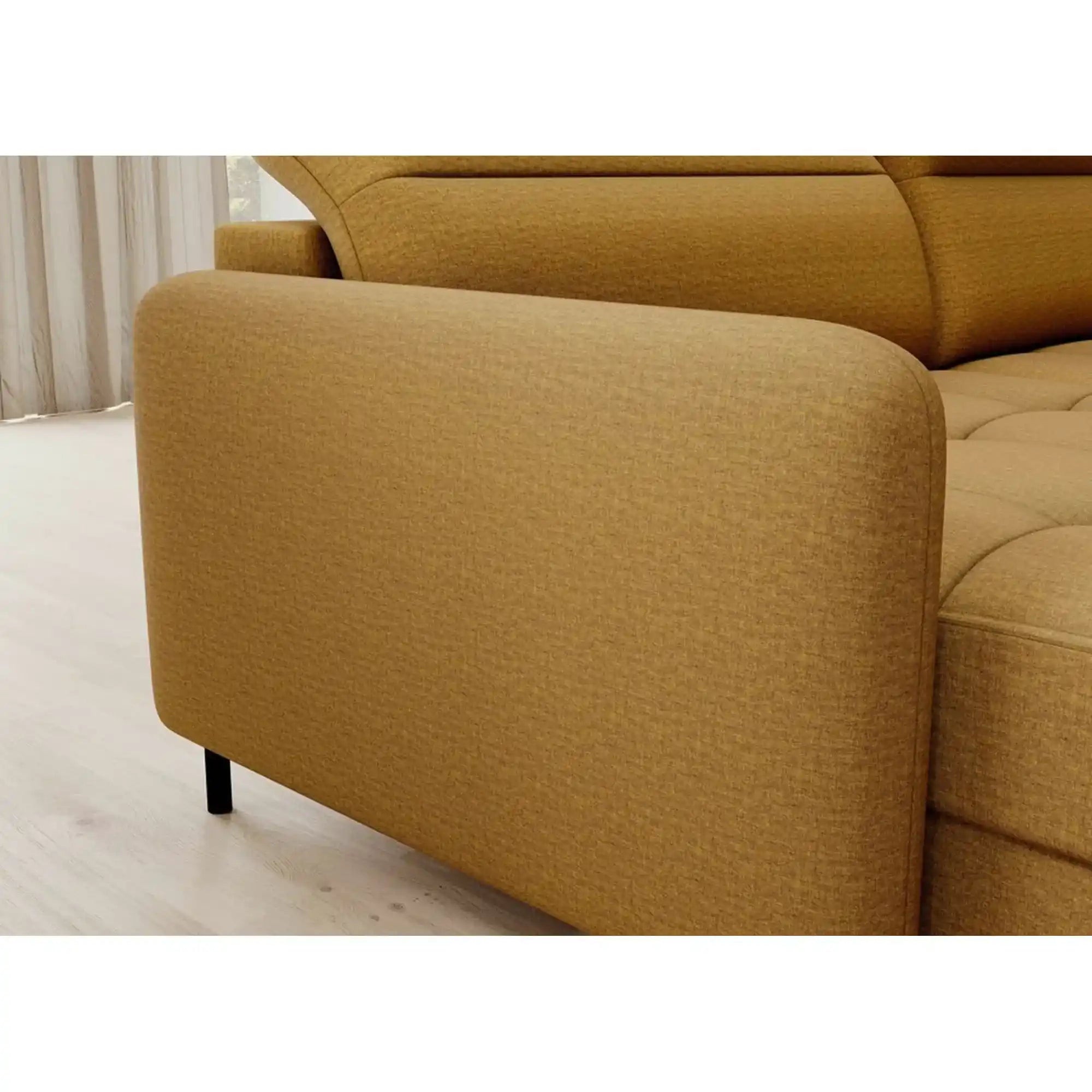 Coltar extensibil BERRTO, sezlong stanga, stofa catifelata galben - Manhattan 45, cu tetiere reglabile si lada depozitare, 306x165x100 cm