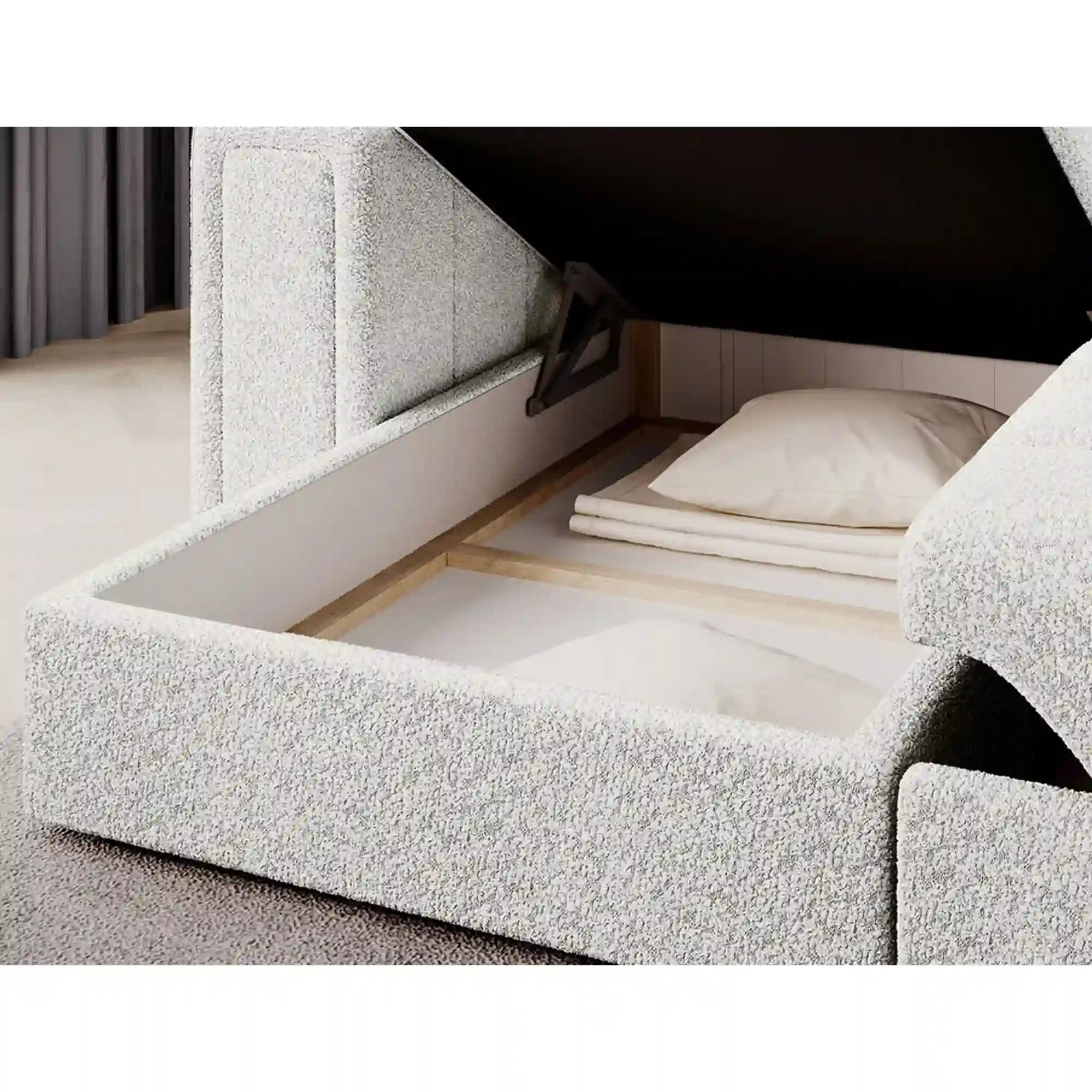 Coltar extensibil BLENVI, universal, stofa alb - Royal 01, cu lada depozitare, 260x150x82 cm