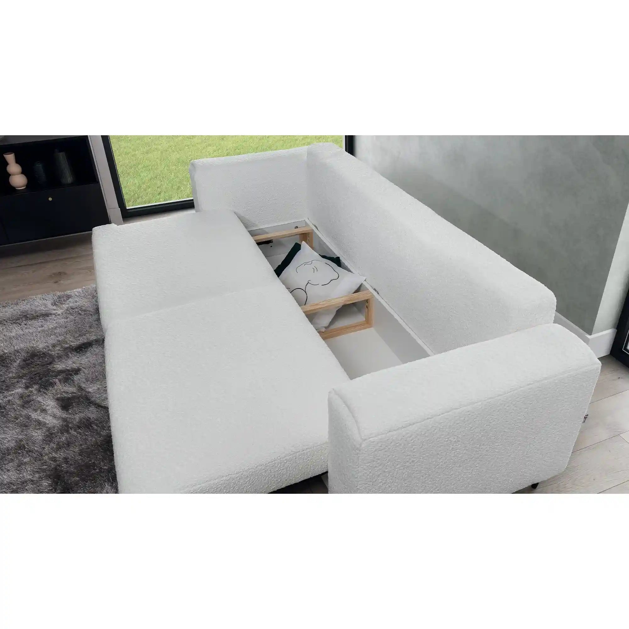 Canapea extensibila DALIA, stofa clasica alb - Royal 01, cu lada depozitare, 260x95x90 cm