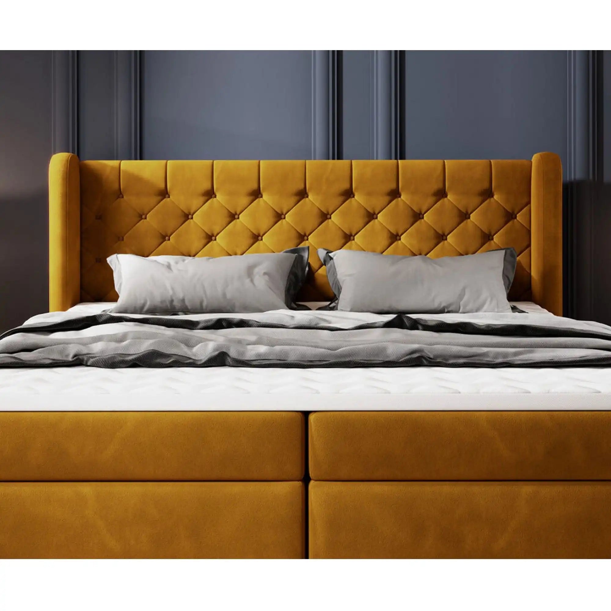 Pat boxspring MADISON 160x200, stofa gri - Salvador 14, Gama Premium, cu saltele si topper