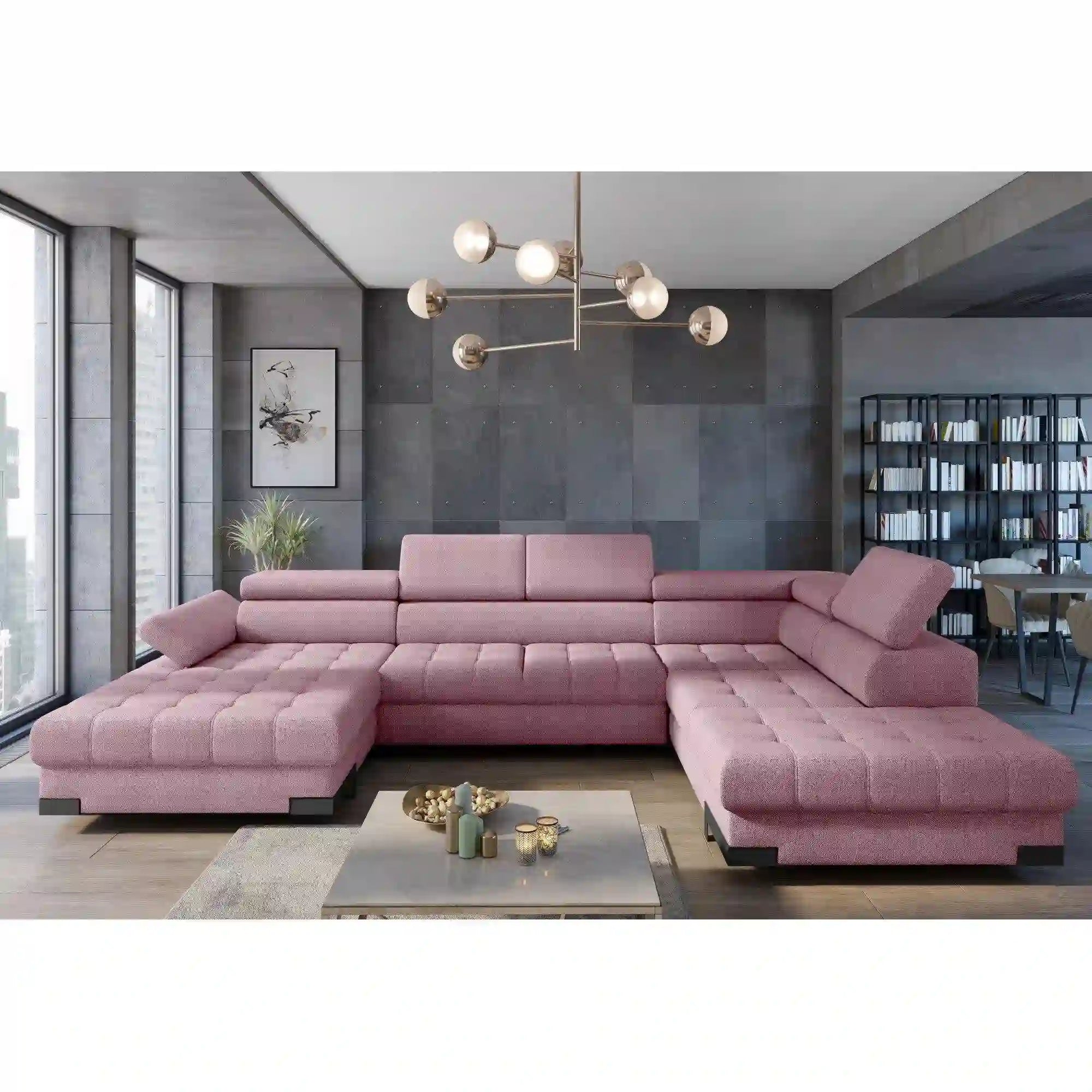 Coltar extensibil SELVA XL, sezlong dreapta, stofa catifelata roz pudrat - Riviera 62, Gama Premium, cu lada depozitare si tetiere reglabile, 339x223x95 cm