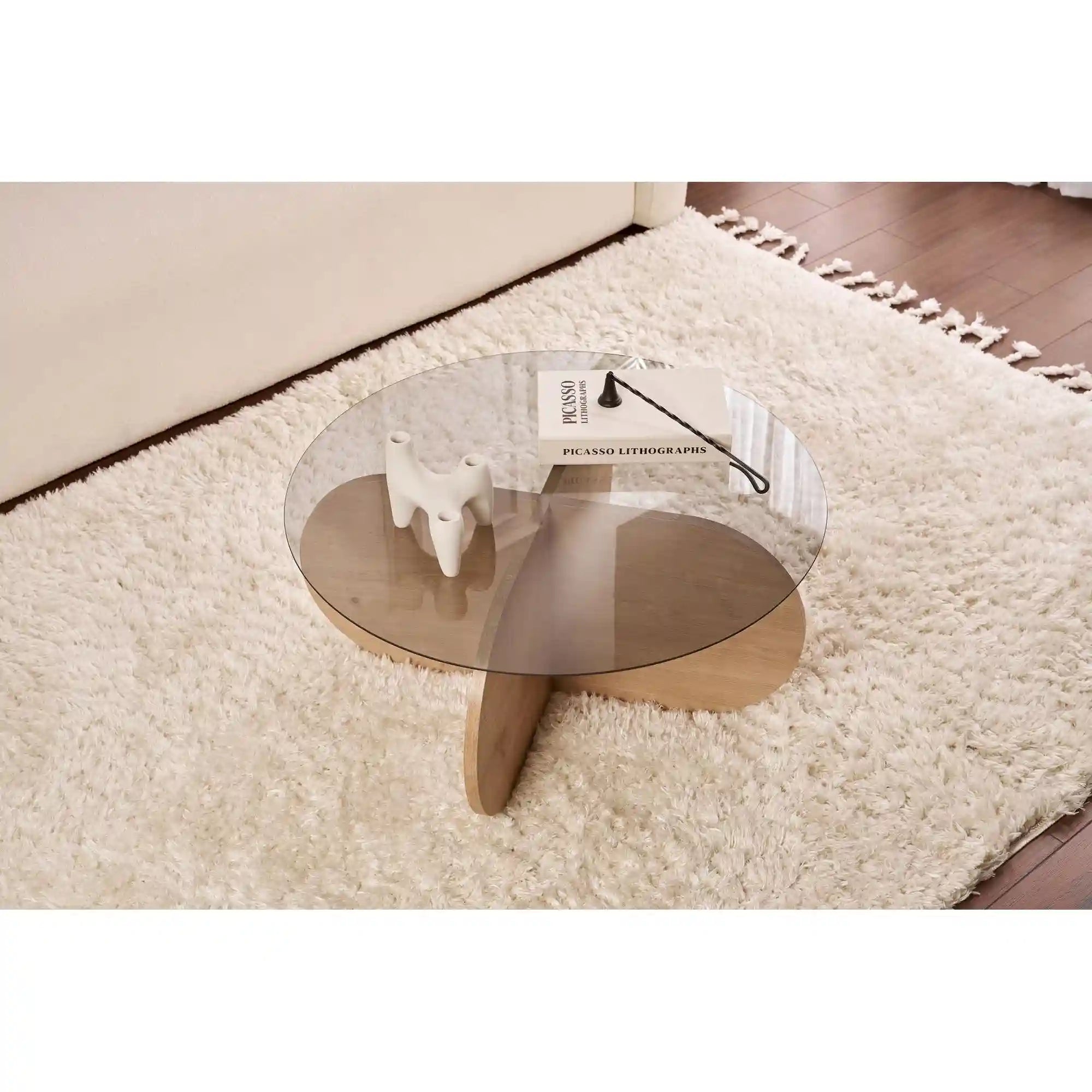 Masuta cafea AERIS, stejar/fumuriu, PAL/sticla, 75x75x35 cm