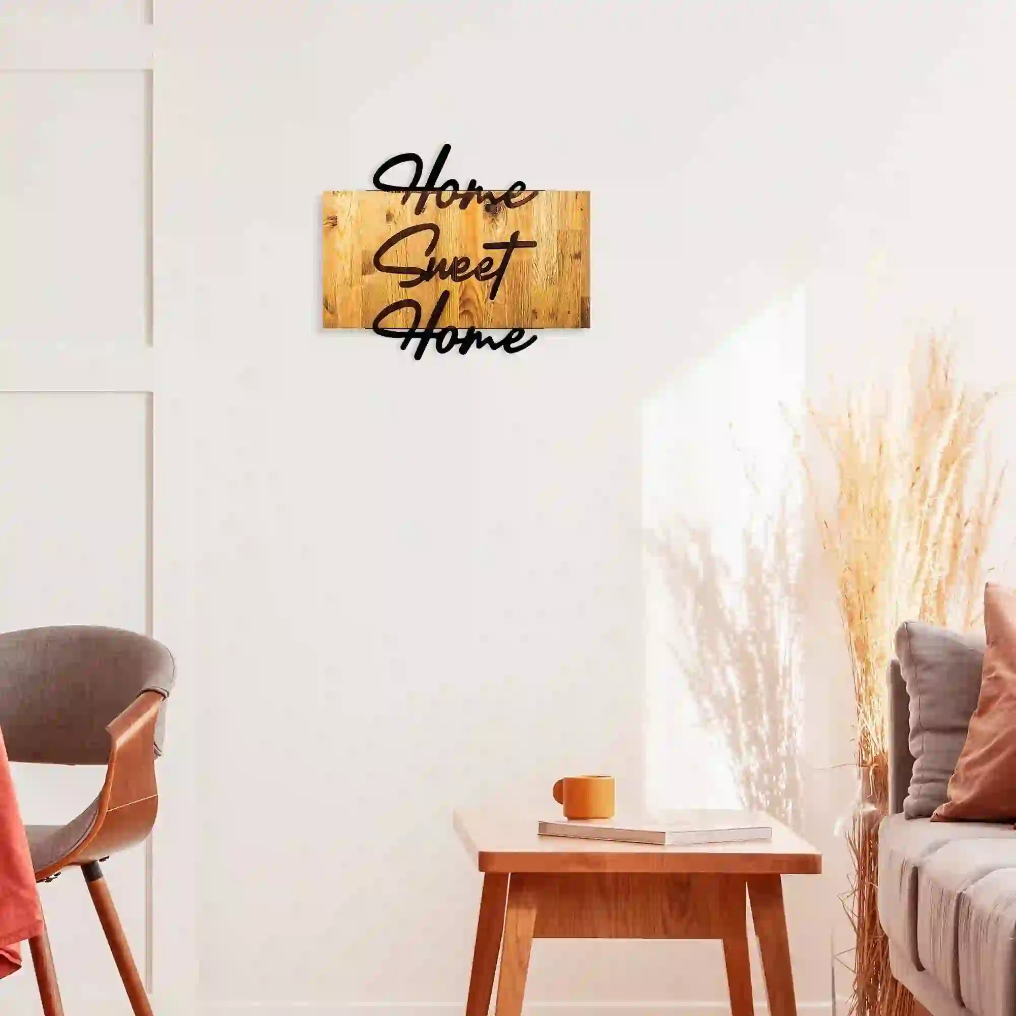 Decoratiune perete HOME SWEET HOME, stejar/negru, metal/lemn, 58x3x48 cm