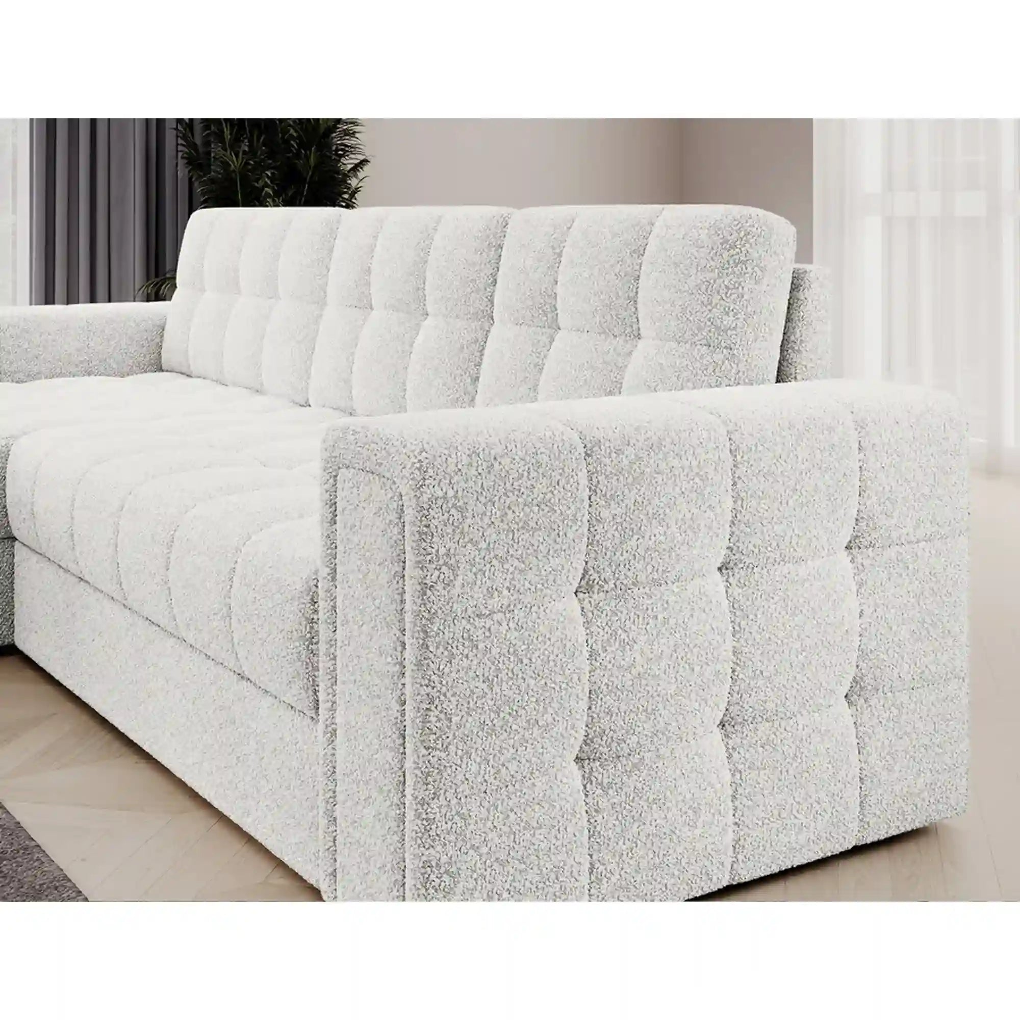 Coltar extensibil BLENVI, universal, stofa alb - Royal 01, cu lada depozitare, 260x150x82 cm