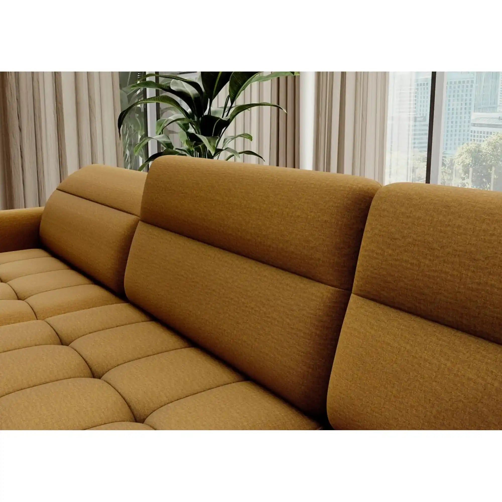 Coltar extensibil BERRTO, sezlong stanga, stofa catifelata galben - Manhattan 45, cu tetiere reglabile si lada depozitare, 306x165x100 cm