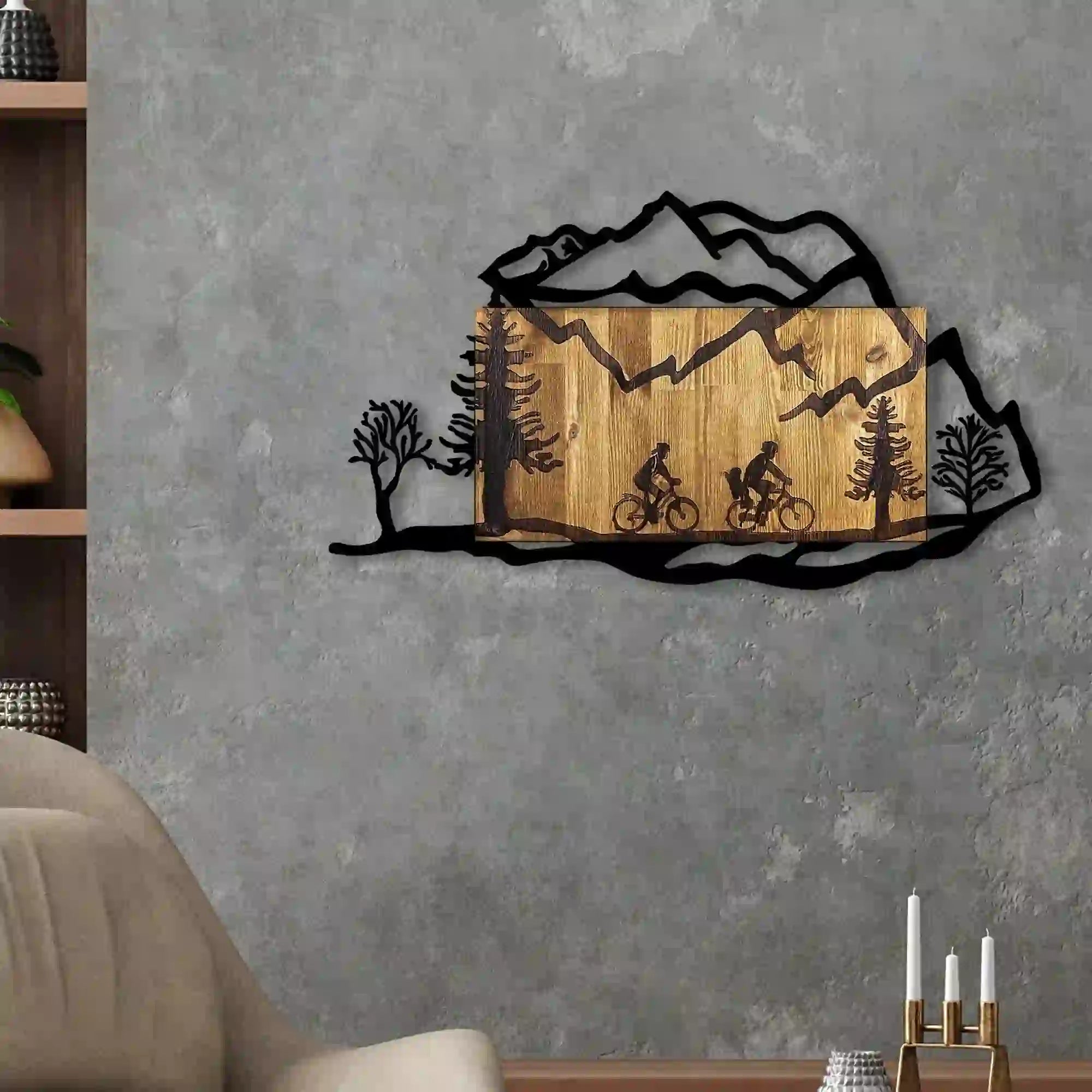 Decoratiune perete 899SKL2194, stejar/negru, lemn/metal, 92x3x51 cm