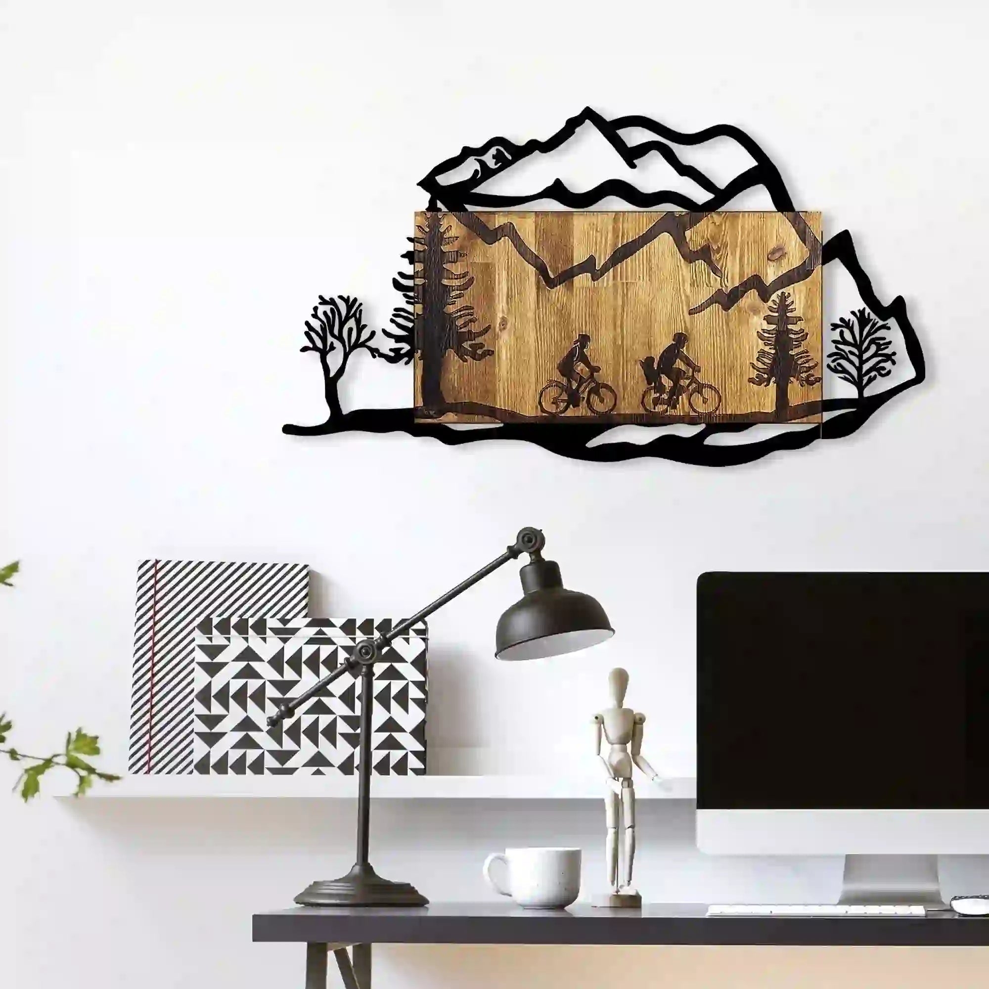 Decoratiune perete 899SKL2194, stejar/negru, lemn/metal, 92x3x51 cm
