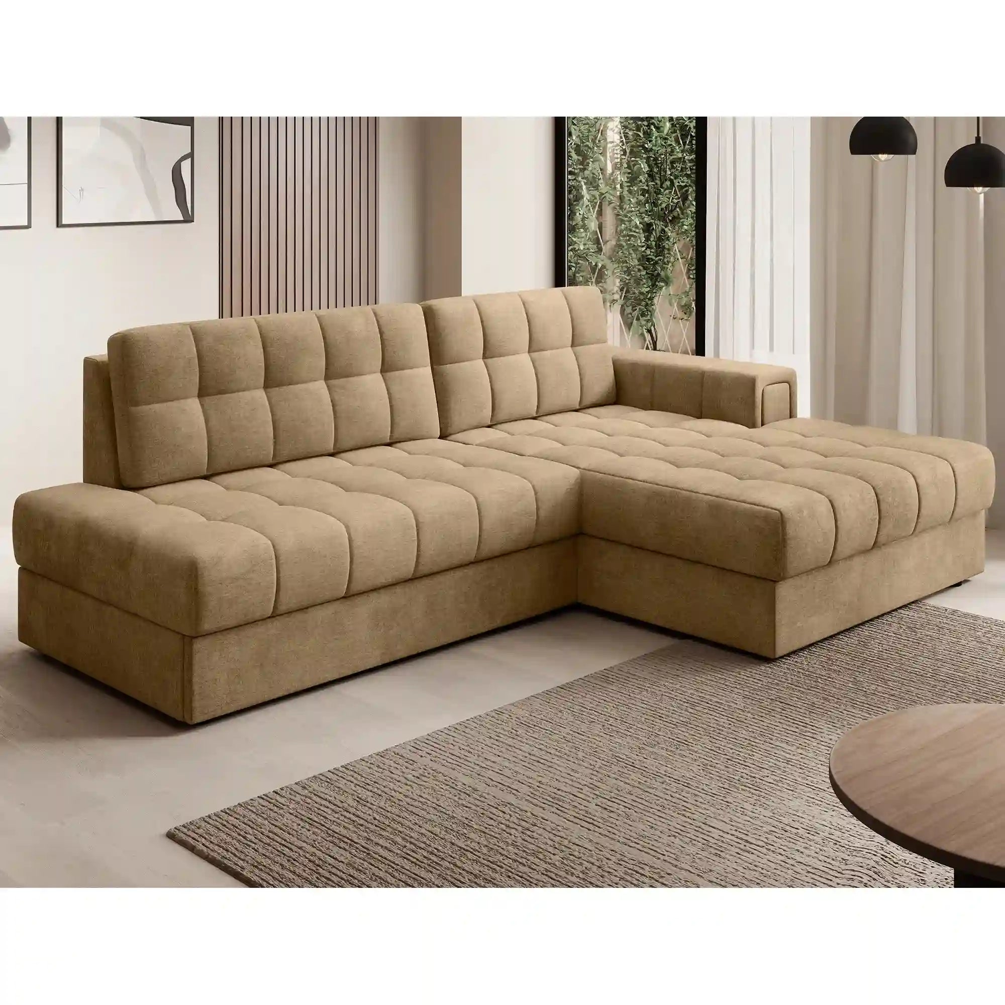 Coltar extensibil BLEZALT, sezlong dreapta, stofa catifelata bej - Monolith 09, cu lada depozitare, 240x150x82 cm