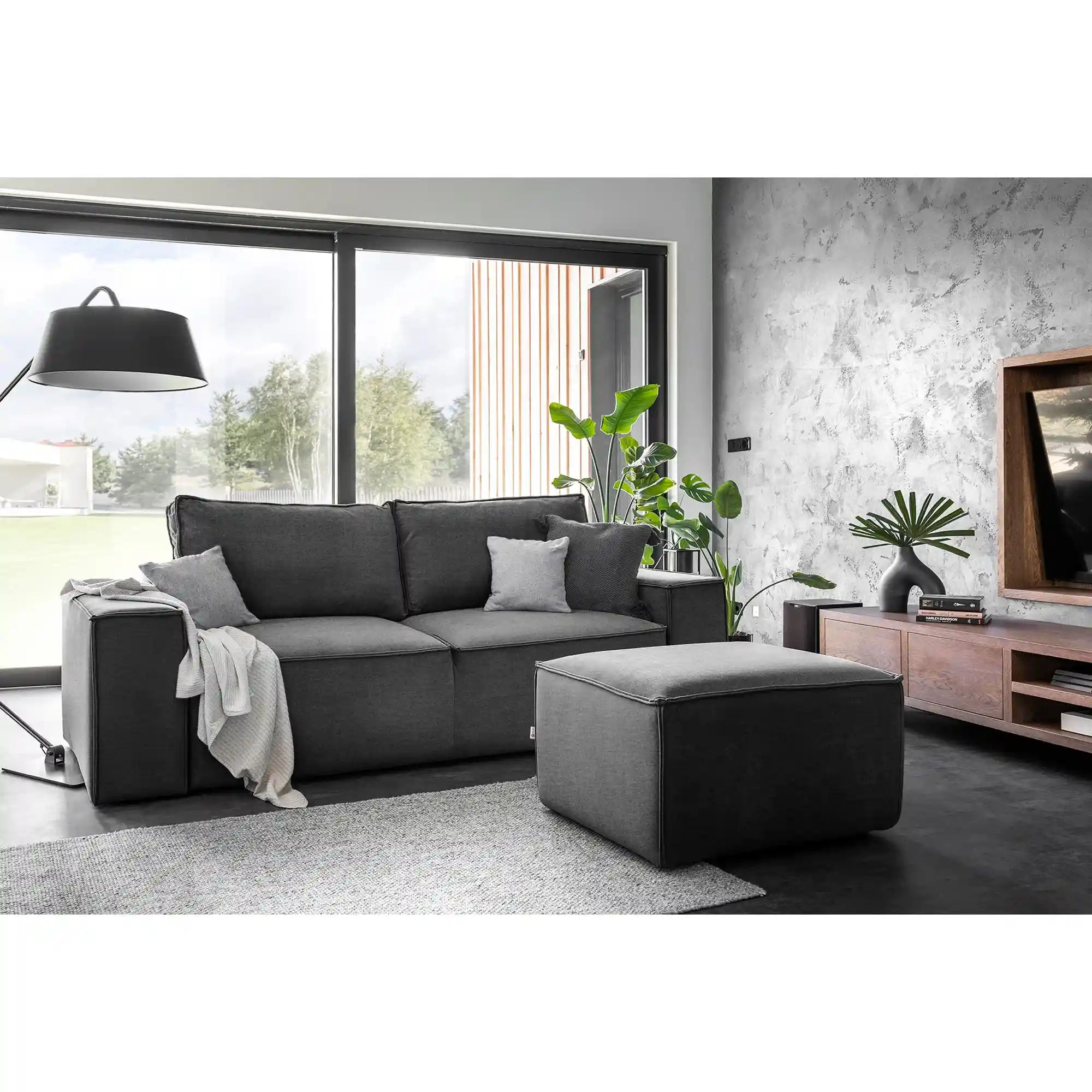 Canapea extensibila SILLA, stofa gri inchis - Nube 06, cu spatiu depozitare, 260x104x96 cm