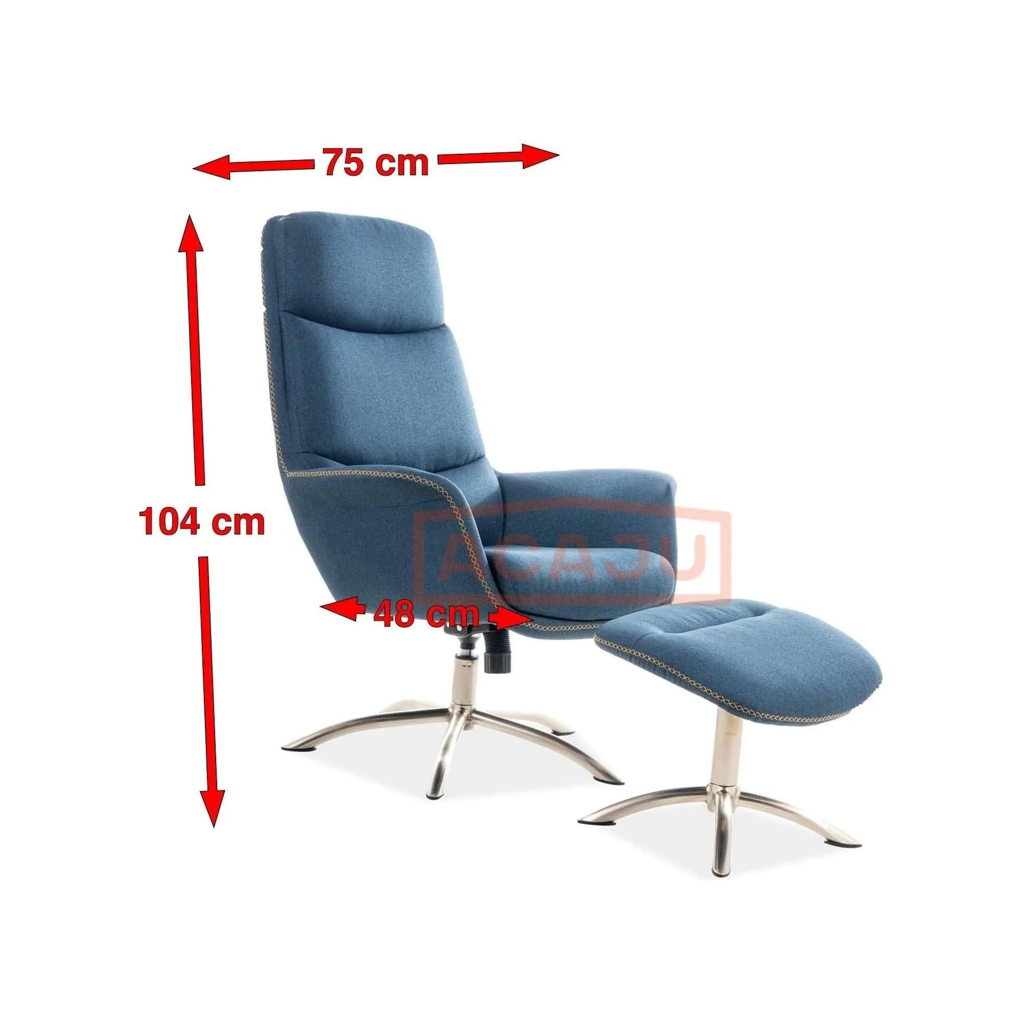 Fotoliu recliner cu taburet REGAN, albastru inchis/crom, stofa/metal