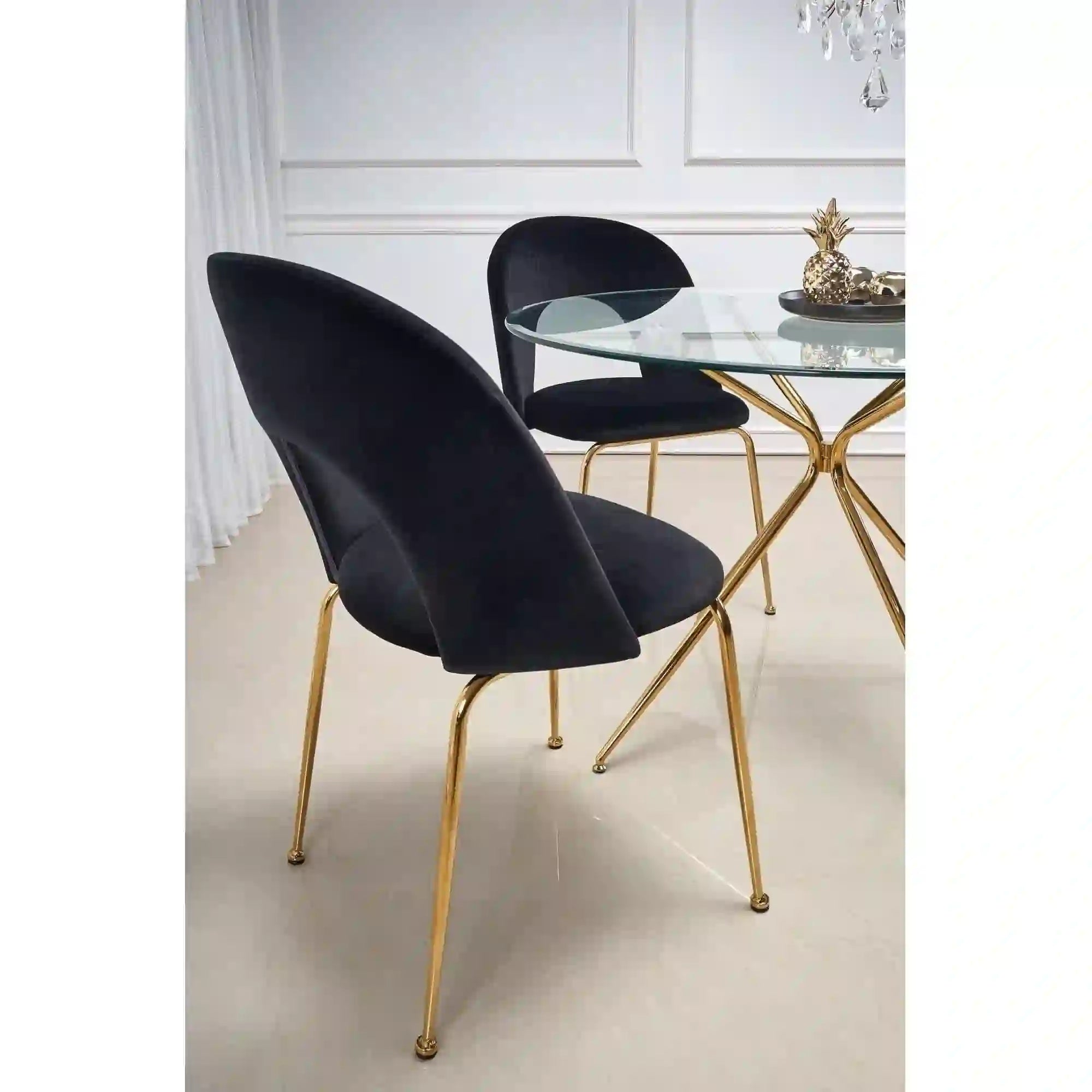 Scaun tapitat K385, negru/auriu, stofa catifelata/metal, 54x59x88 cm
