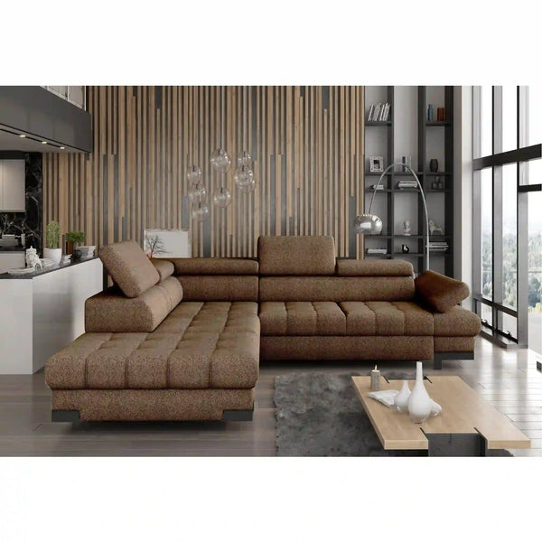 Coltar extensibil SELVA L, sezlong stanga, stofa catifelata maro - Monolith 15, cu lada depozitare si tetiere reglabile, 263x223x95 cm