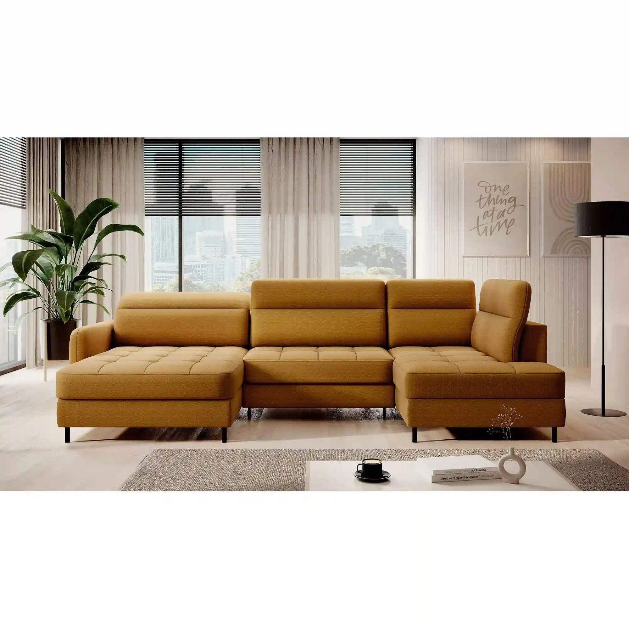 Coltar extensibil BERRTO, sezlong stanga, stofa catifelata galben - Manhattan 45, cu tetiere reglabile si lada depozitare, 306x165x100 cm