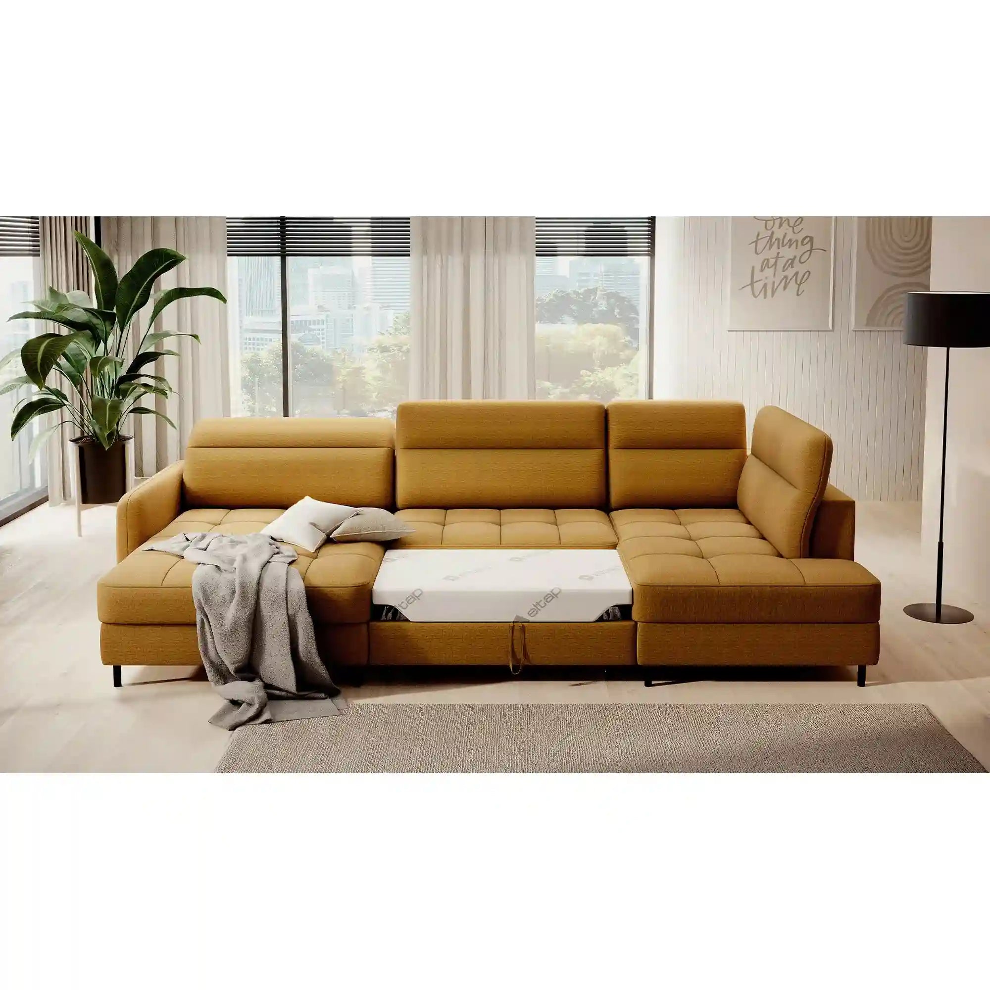 Coltar extensibil BERRTO, sezlong stanga, stofa catifelata galben - Manhattan 45, cu tetiere reglabile si lada depozitare, 306x165x100 cm