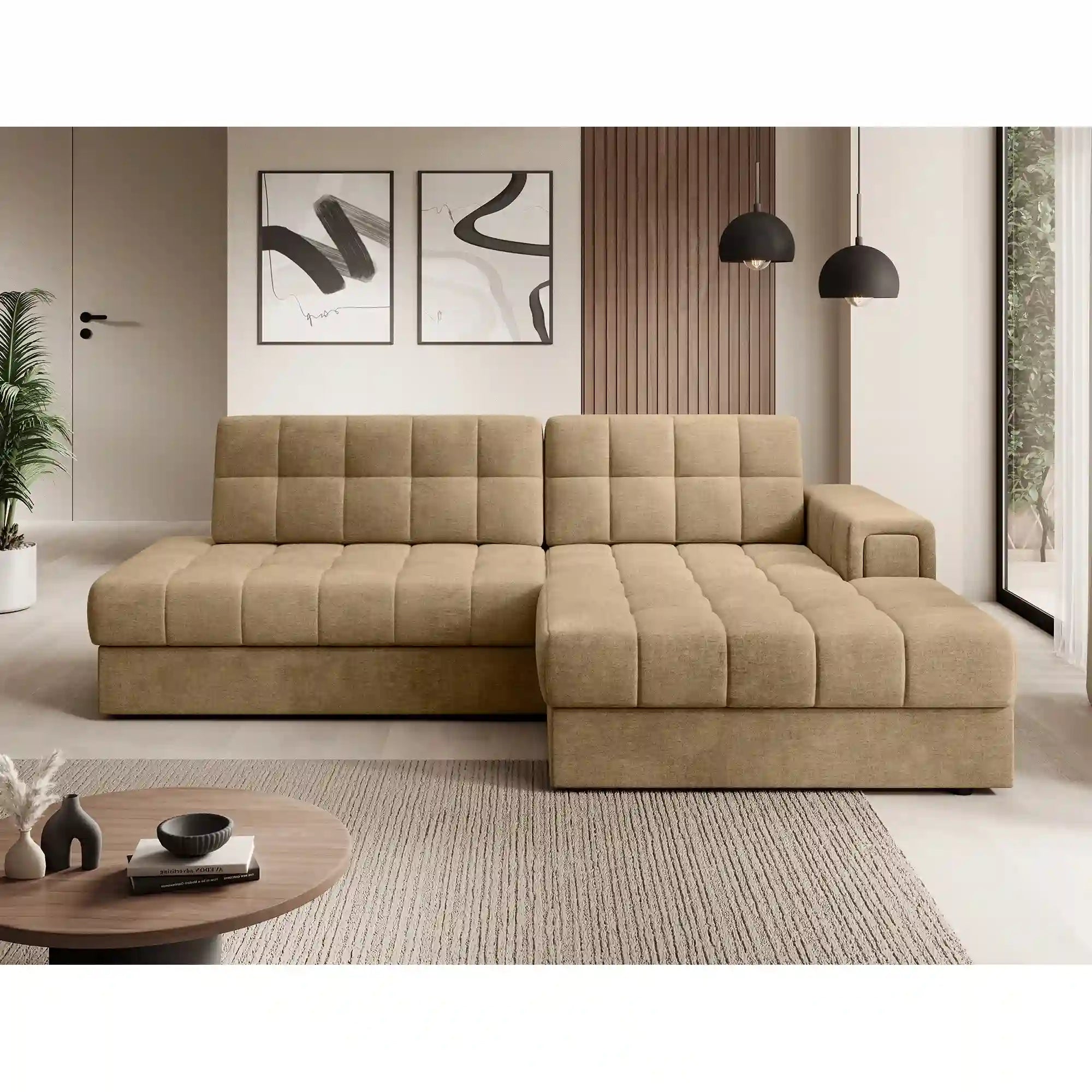 Coltar extensibil BLEZALT, sezlong dreapta, stofa catifelata bej - Monolith 09, cu lada depozitare, 240x150x82 cm