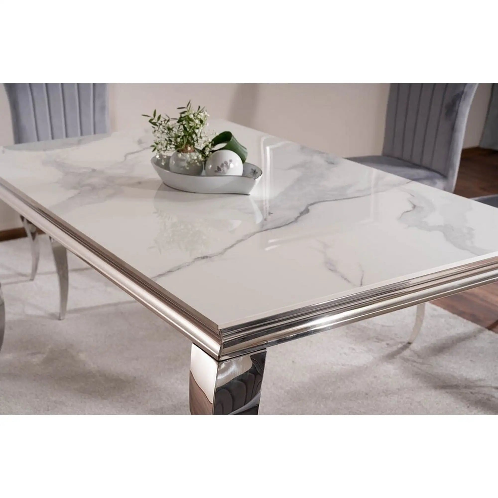 Masa PRINCE, alb cu efect de marmura/crom, ceramica/metal, 150x90x75 cm