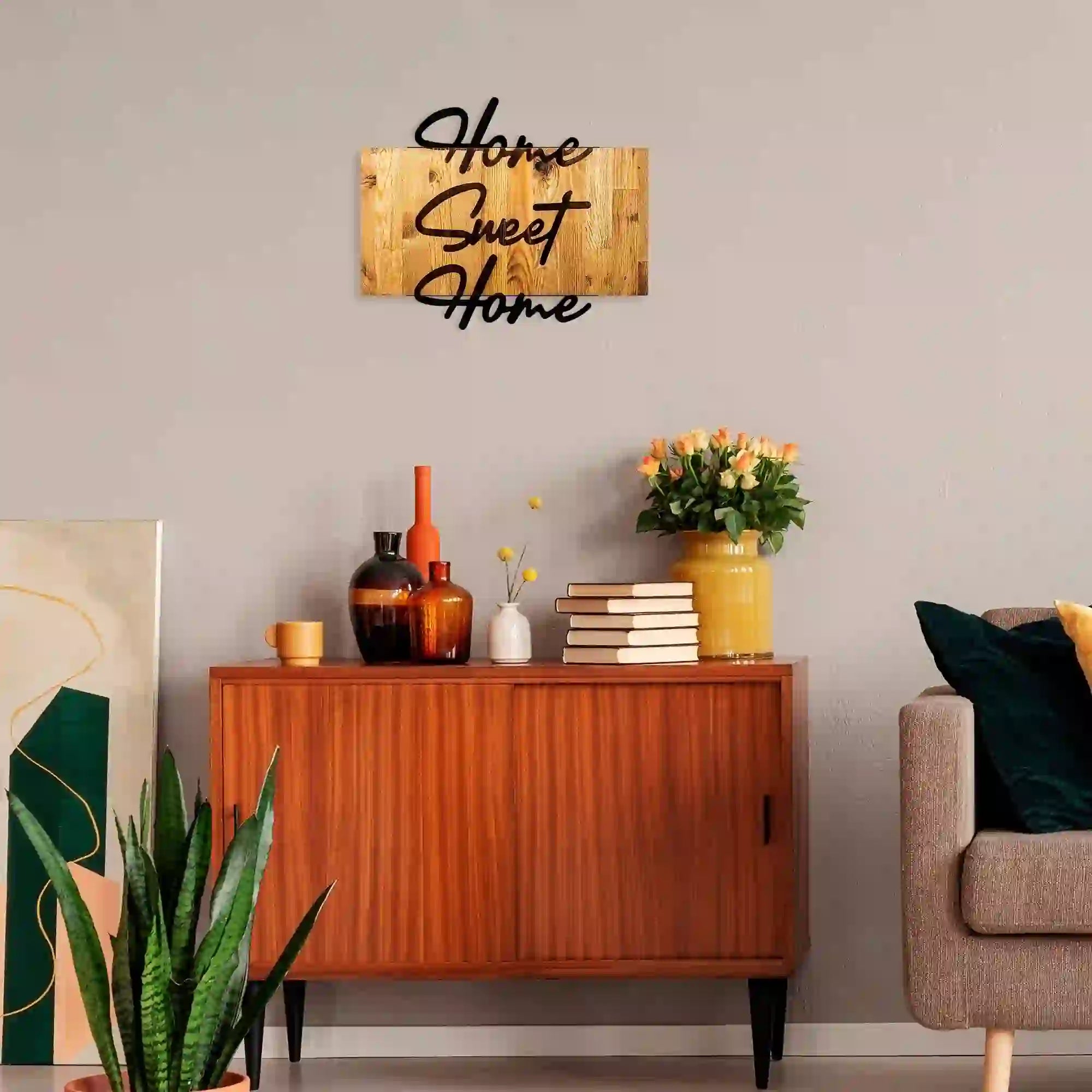 Decoratiune perete HOME SWEET HOME, stejar/negru, metal/lemn, 58x3x48 cm