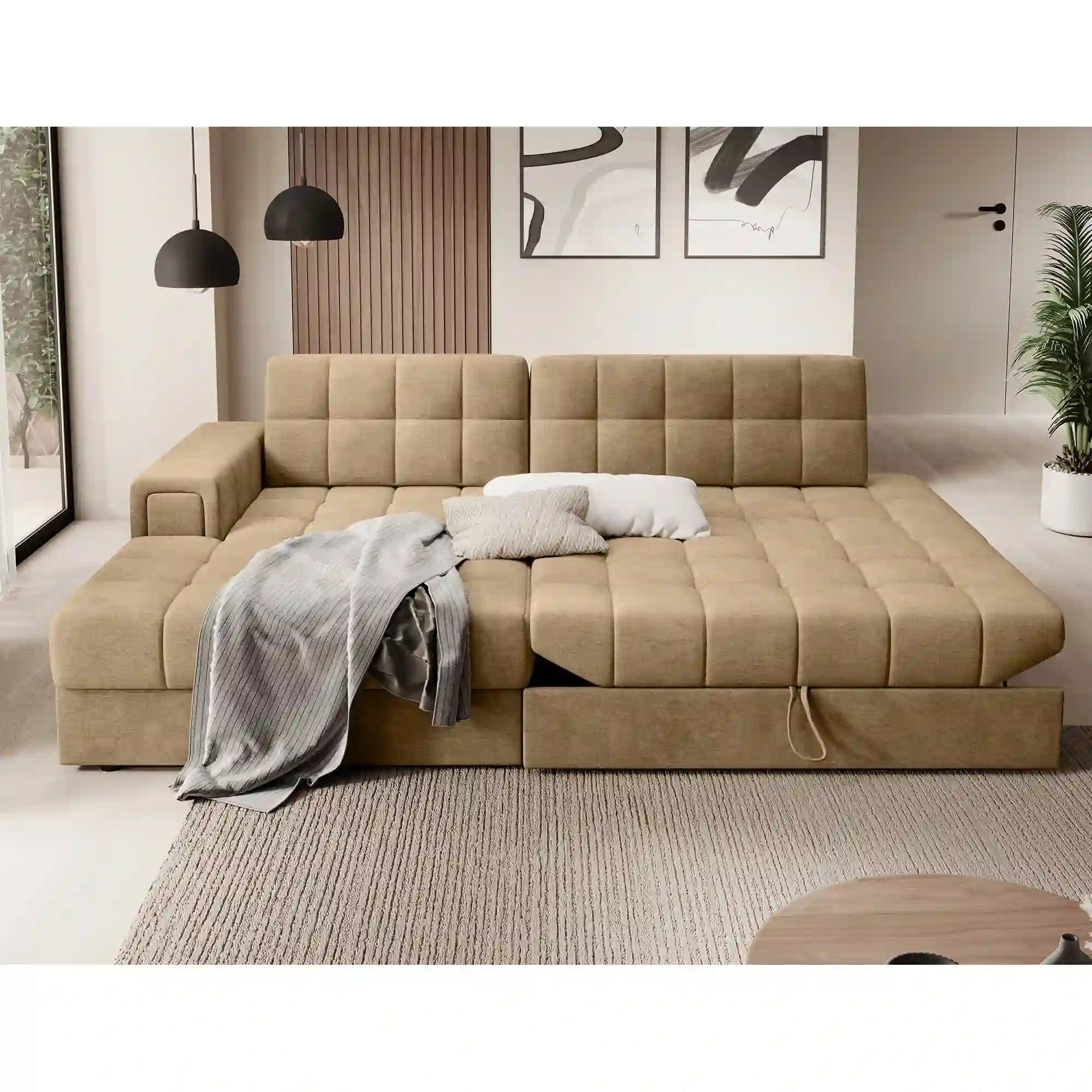 Coltar extensibil BLEZALT, sezlong stanga, stofa catifelata bej - Monolith 09, cu lada depozitare, 240x150x82 cm
