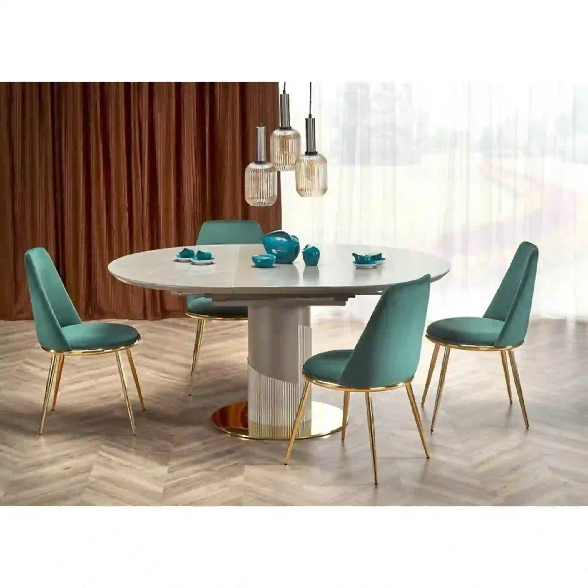 Masa extensibila MUSCAT, gri cu efect marmura/auriu, 120/160x120x76 cm