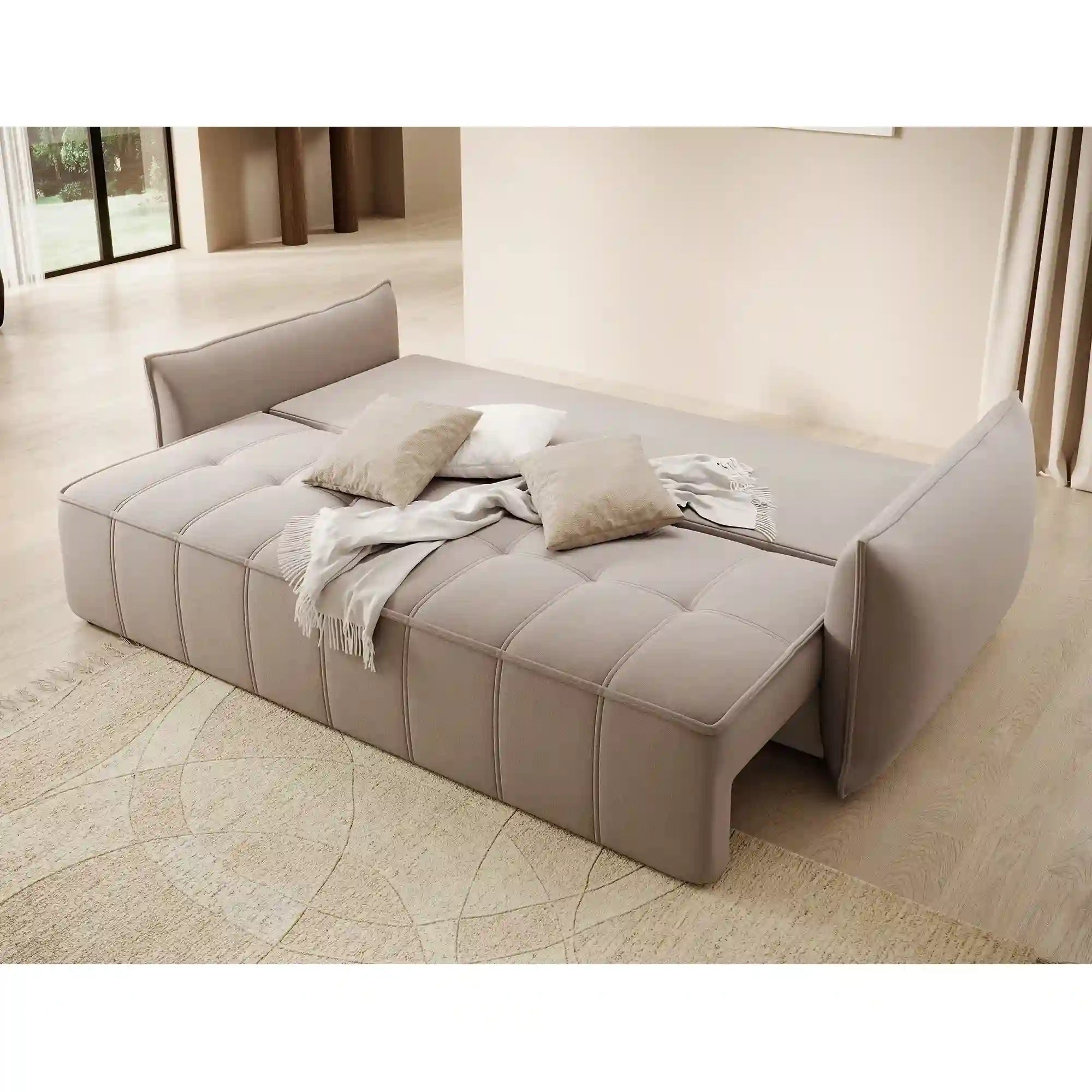 Canapea extensibila WELTTON, stofa catifelata bej - Sola 18, cu spatiu depozitare, 242x106x94 cm