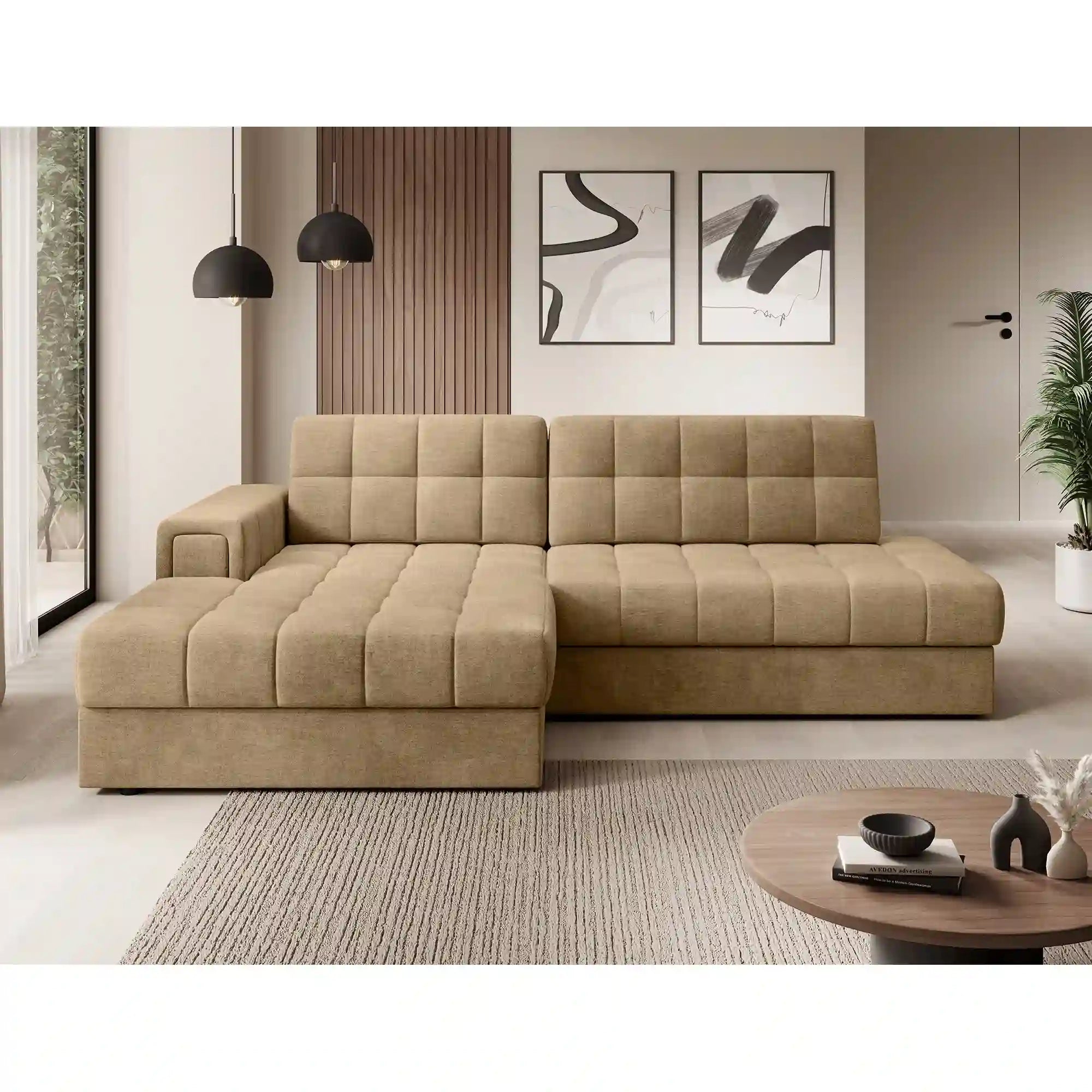 Coltar extensibil BLEZALT, sezlong stanga, stofa catifelata bej - Monolith 09, cu lada depozitare, 240x150x82 cm