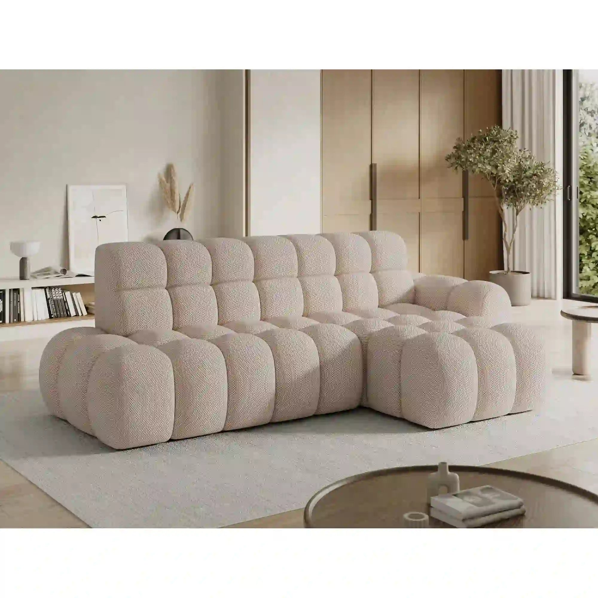 Coltar extensibil CEEDRO, sezlong dreapta, stofa bej - Calmora 18, cu reglaj electric, 283x165x98 cm