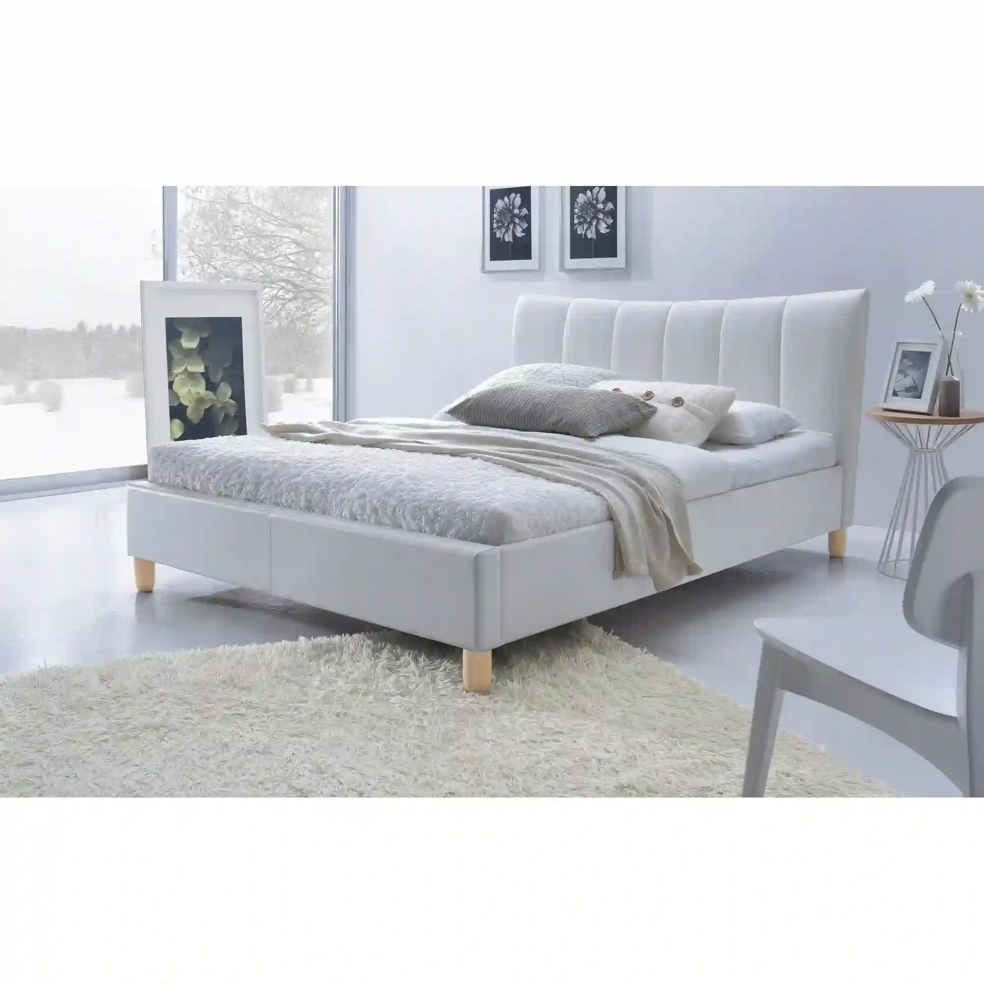 Pat SANDY 160x200, alb, piele ecologica/lemn, cu somiera