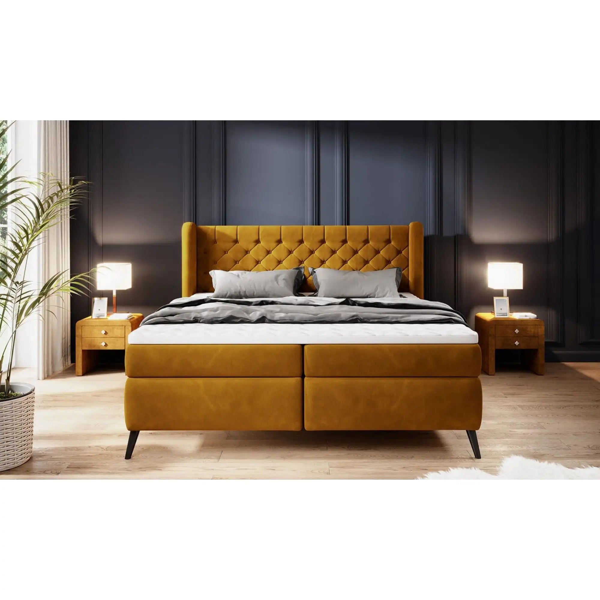 Pat boxspring MADISON 160x200, stofa catifelata albastru inchis - Monolith 79, cu saltele si topper