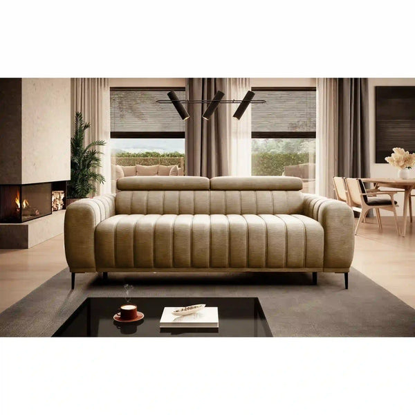 Canapea extensibila GANDI 160, stofa catifelata bej - Riviera 16, Gama Premium, cu tetiere reglabile, 227x102x95 cm