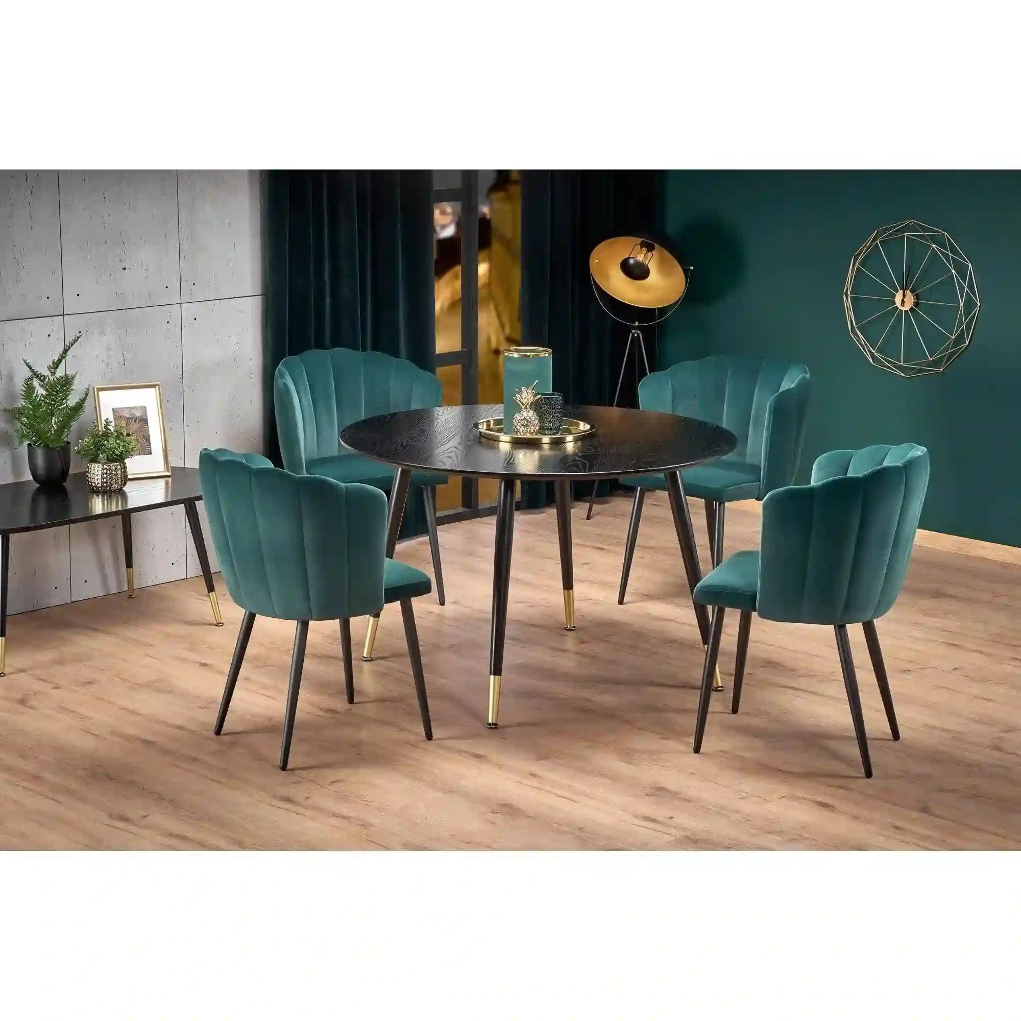 Scaun tapitat K386, verde/negru, stofa catifelata/metal, 60x58x84 cm