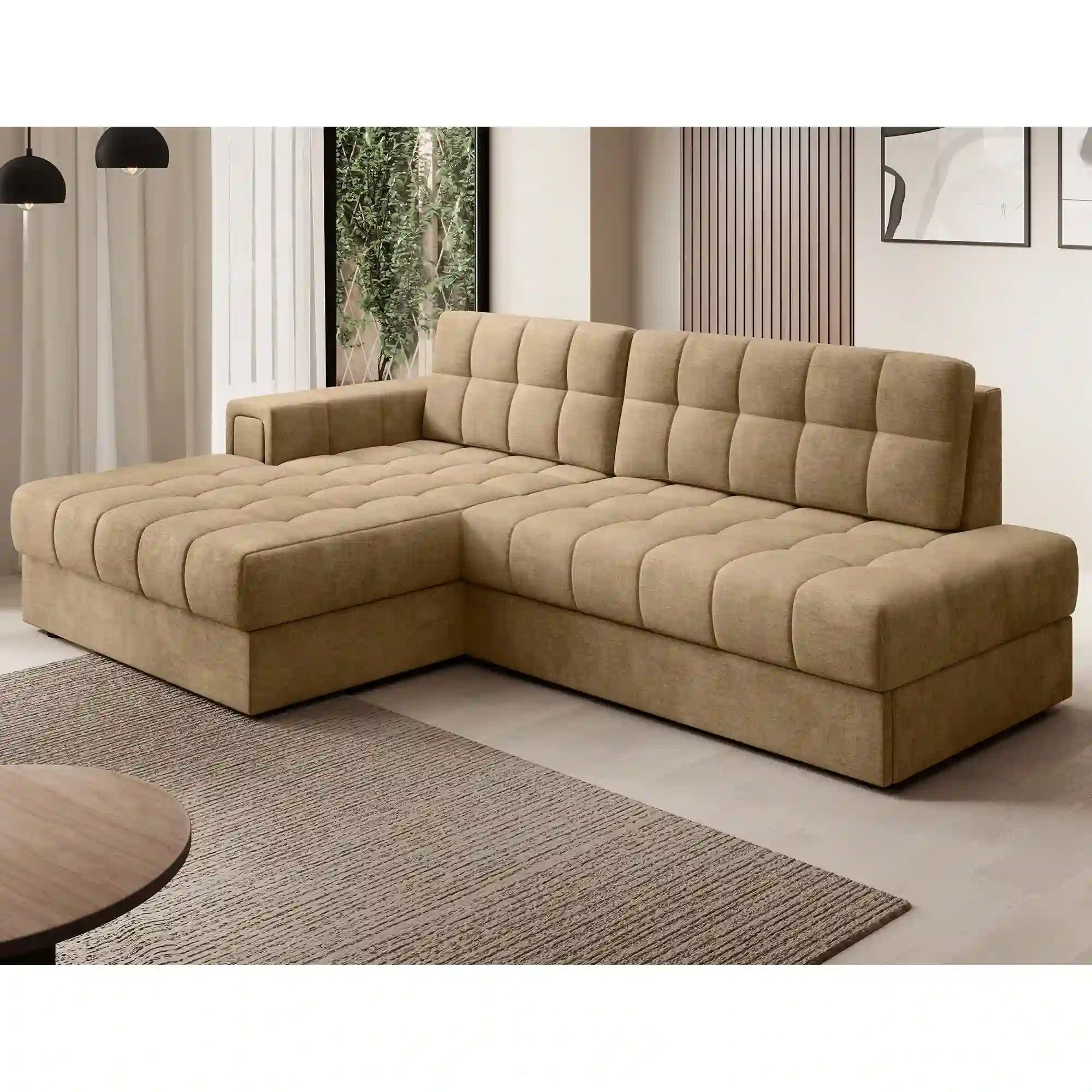 Coltar extensibil BLEZALT, sezlong stanga, stofa catifelata bej - Monolith 09, cu lada depozitare, 240x150x82 cm