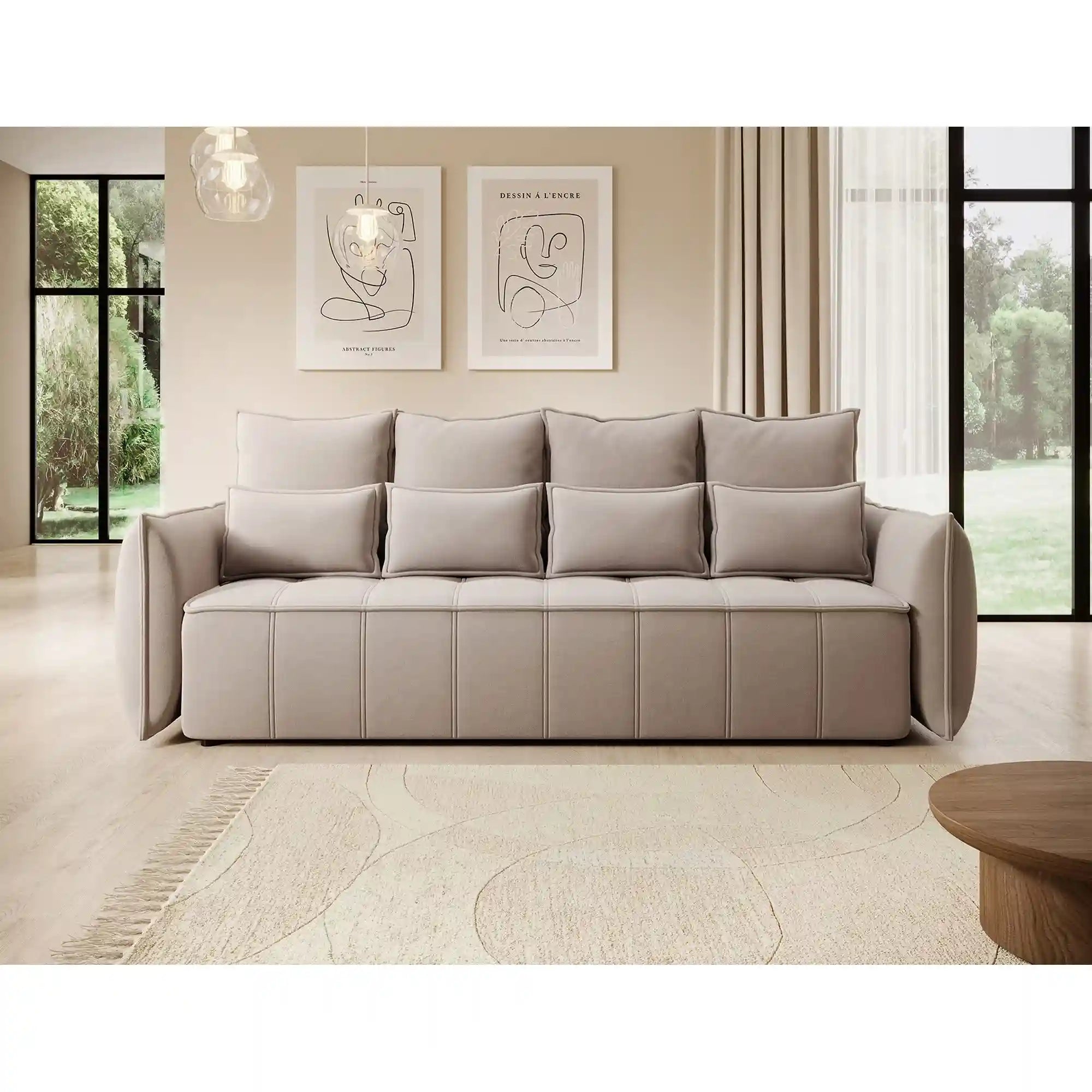 Canapea extensibila WELTTON, stofa catifelata bej - Sola 18, cu spatiu depozitare, 242x106x94 cm