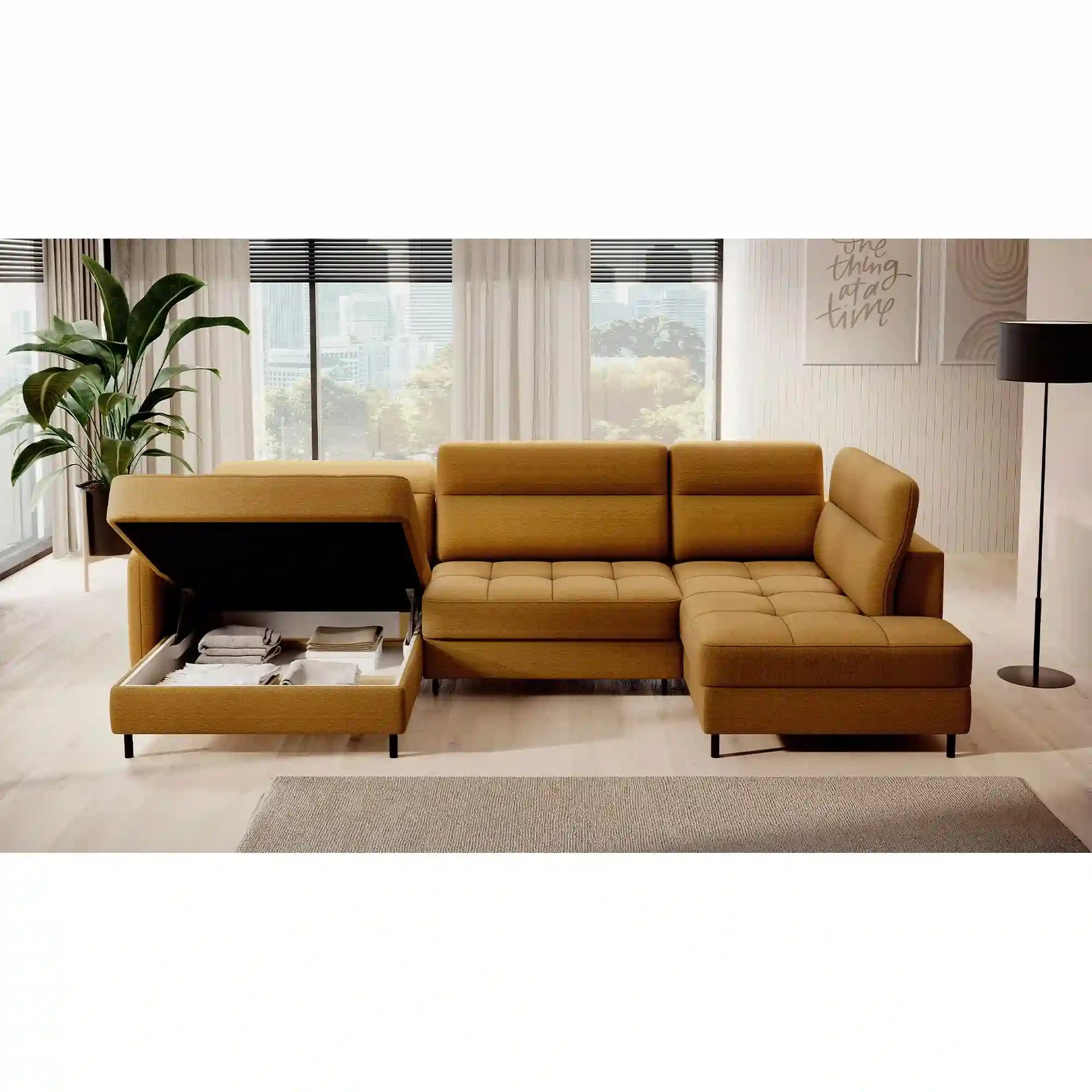 Coltar extensibil BERRTO, sezlong stanga, stofa catifelata galben - Manhattan 45, cu tetiere reglabile si lada depozitare, 306x165x100 cm