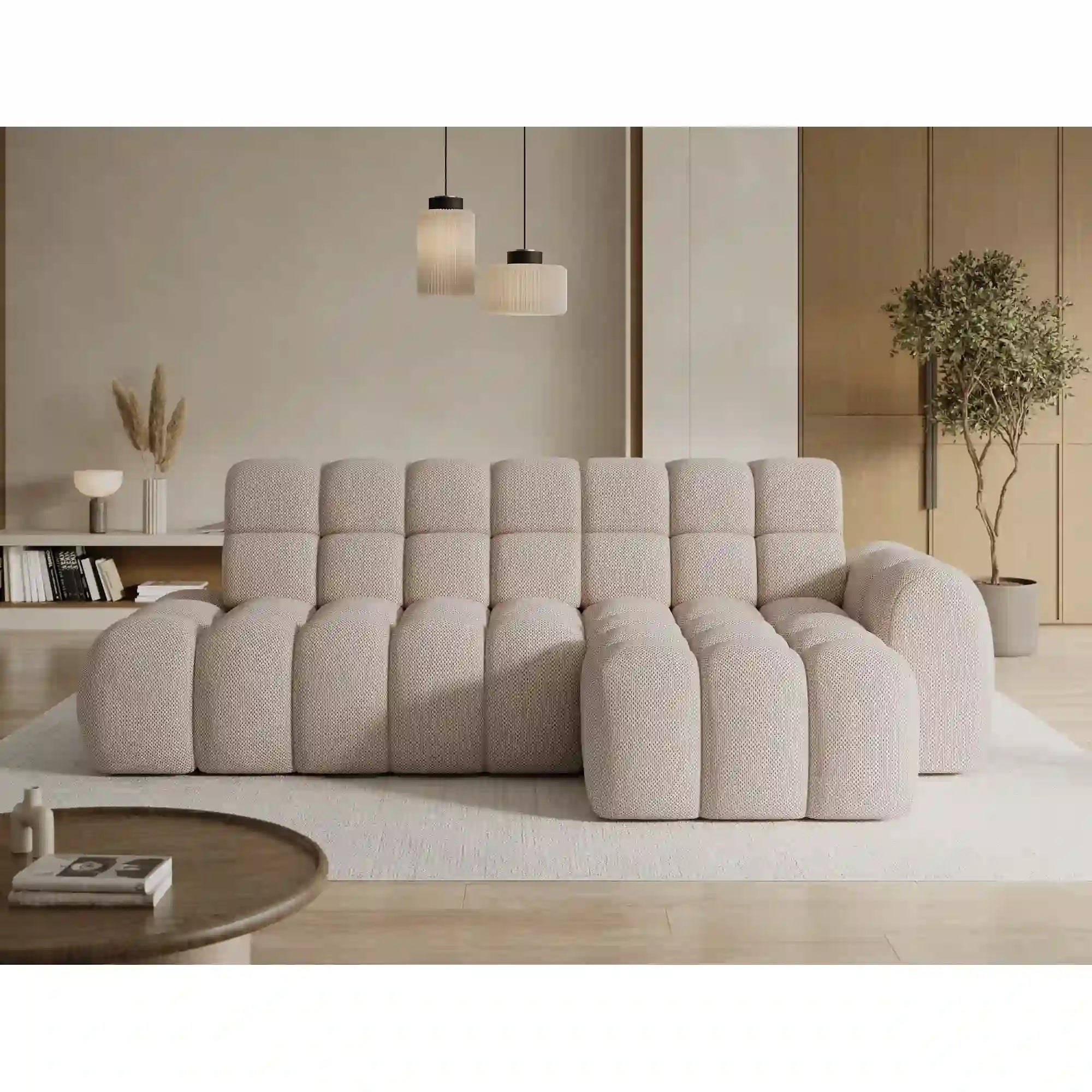 Coltar extensibil CEEDRO, sezlong dreapta, stofa bej - Calmora 18, cu reglaj electric, 283x165x98 cm