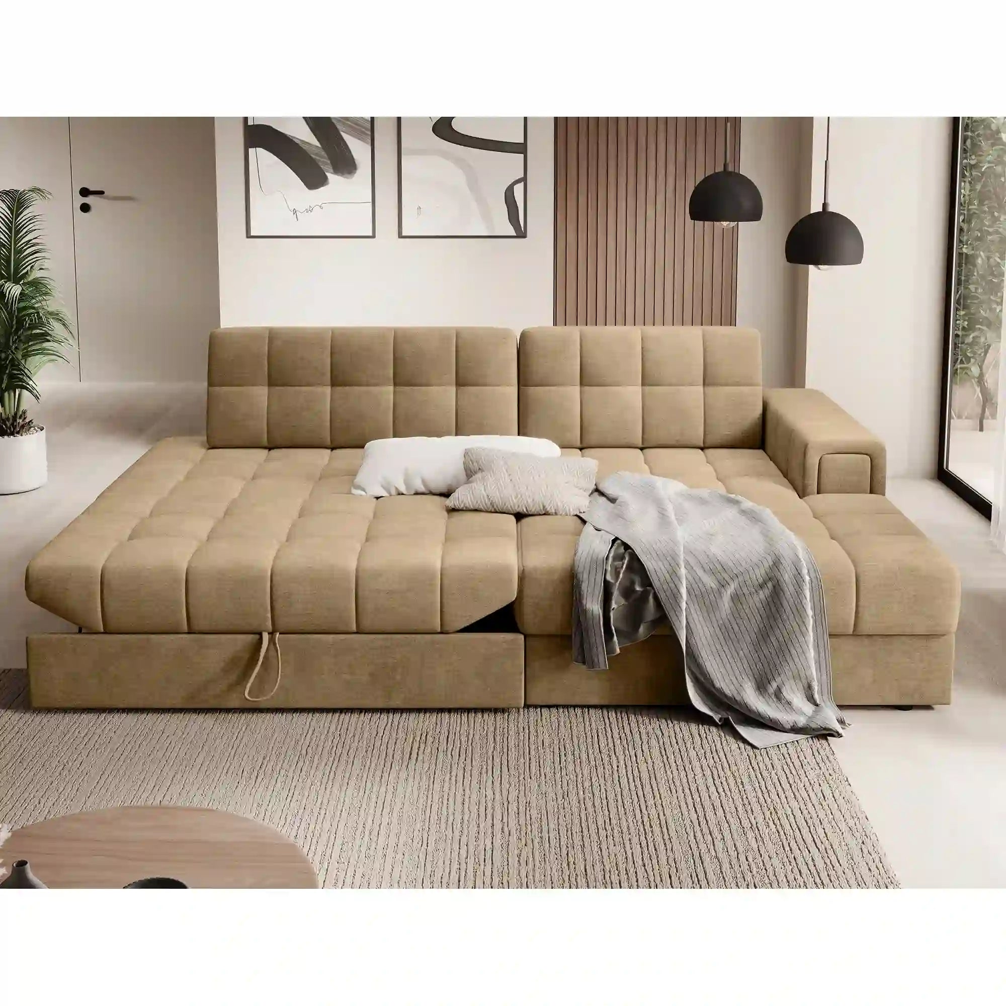 Coltar extensibil BLEZALT, sezlong dreapta, stofa catifelata bej - Monolith 09, cu lada depozitare, 240x150x82 cm