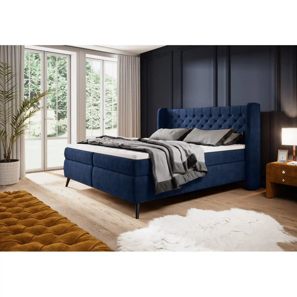 Pat boxspring MADISON 160x200, stofa catifelata albastru inchis - Monolith 79, cu saltele si topper