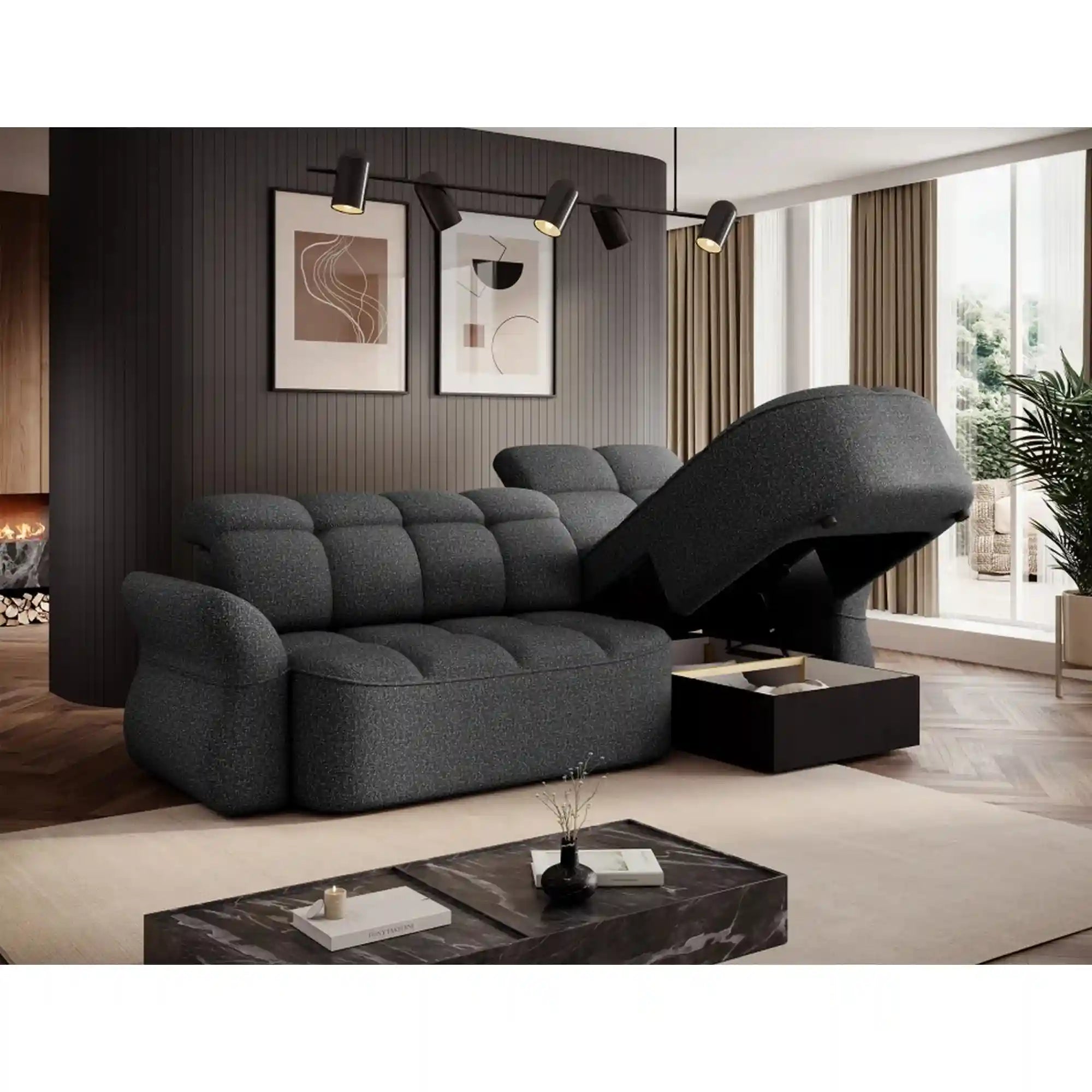 Coltar BENETH, sezlong dreapta, stofa clasica gri - Breona 04, cu reglaj electric, tetiere reglabile si lada depozitare, 301x185x115 cm