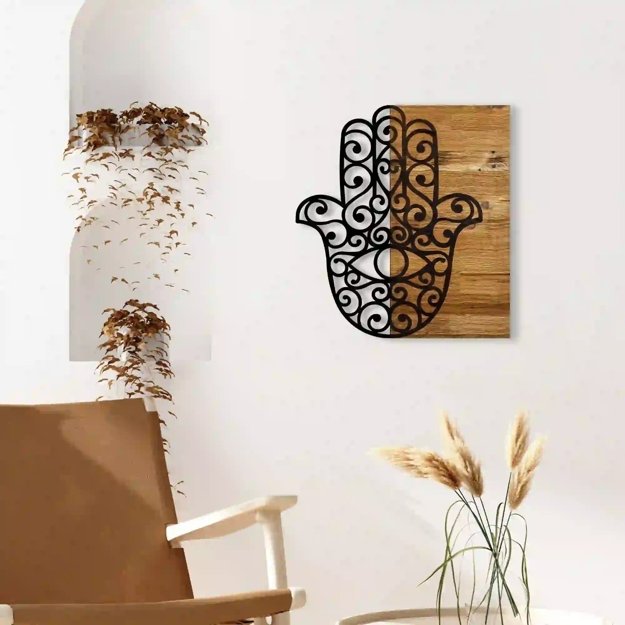 Decoratiune perete HAMSE, nuc/negru, lemn/metal, 46x3x58 cm
