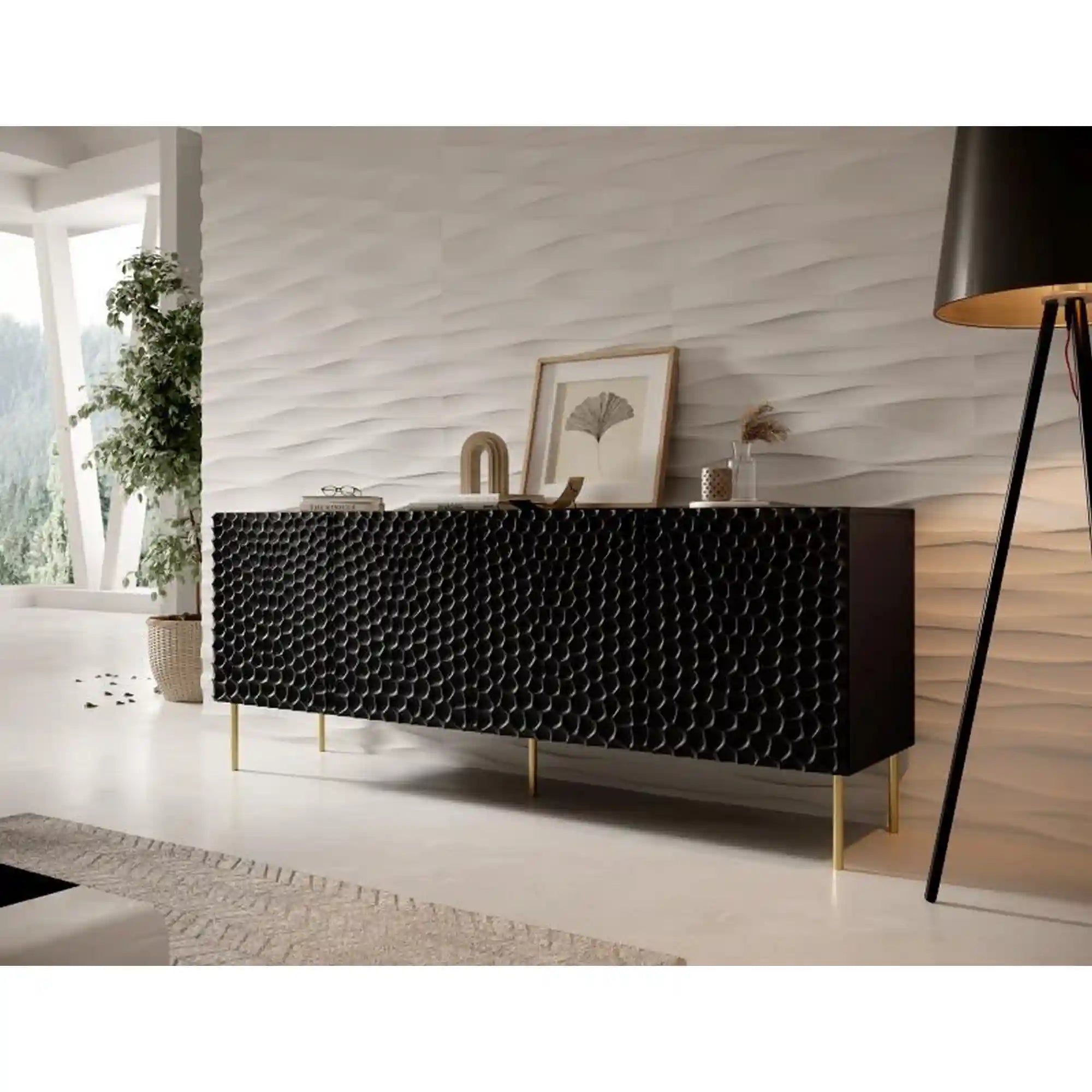 Comoda HOLE, negru/auriu, PAL laminat, 190x41x75 cm