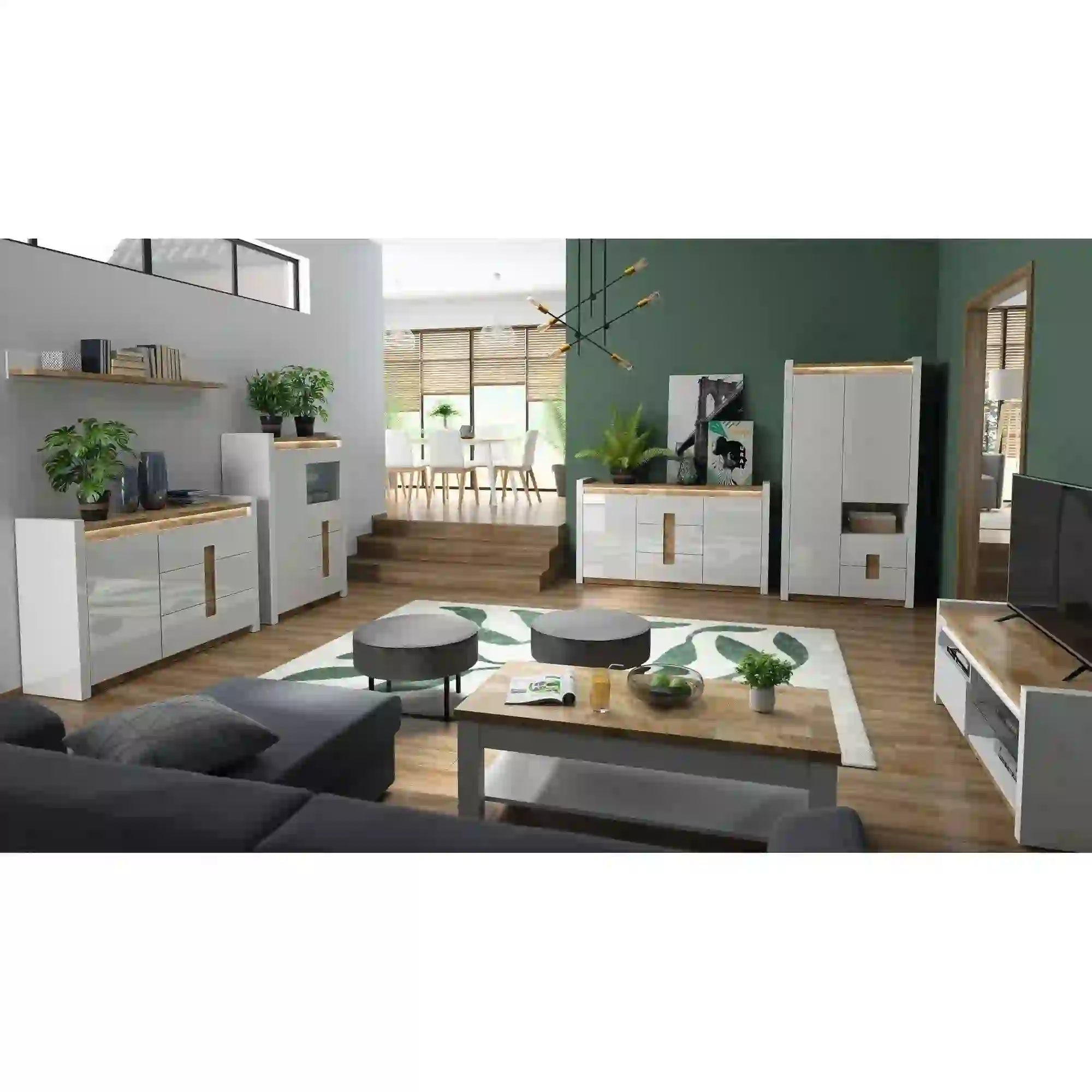 Vitrina ALAMEDA, alb/stejar, PAL/sticla securizata, 102x41x141 cm