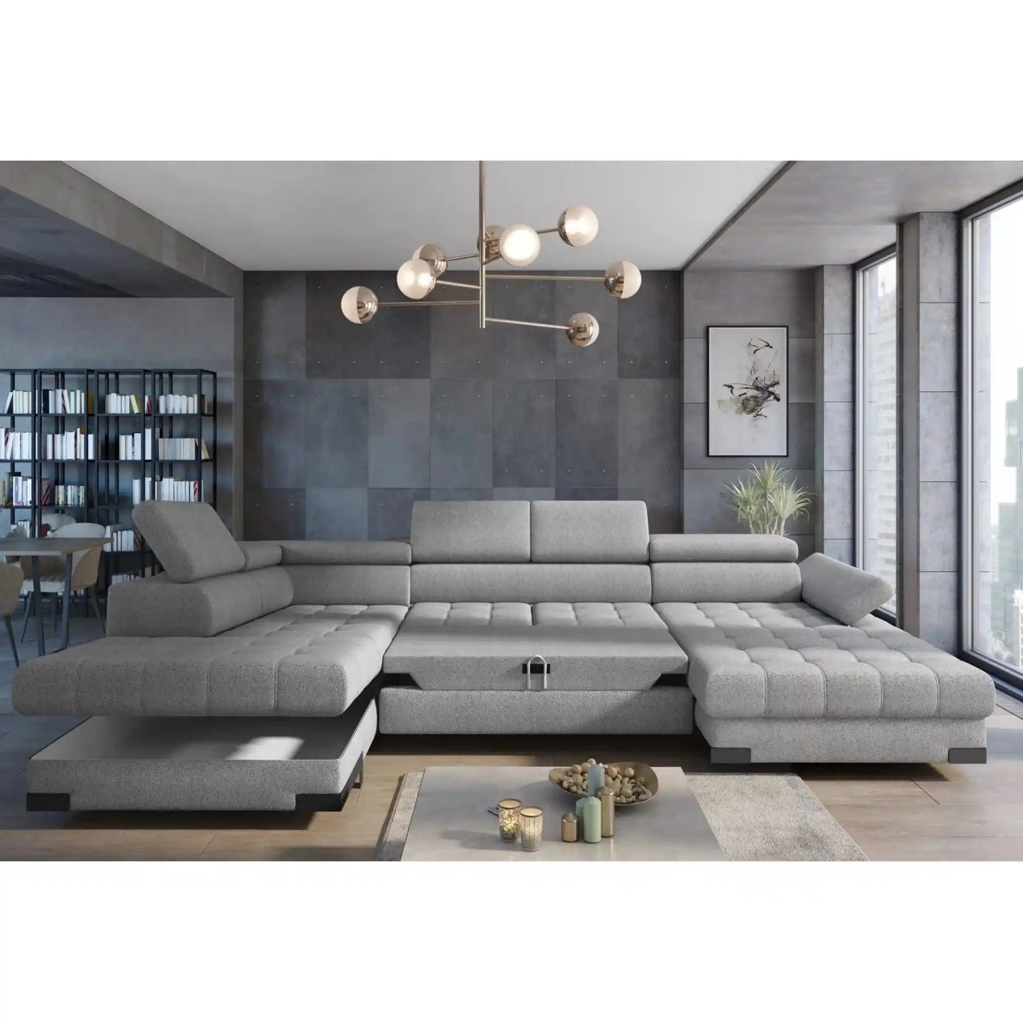 Coltar extensibil SELVA XL, sezlong stanga, stofa catifelata gri - Riviera 91, Gama Premium, cu lada depozitare si tetiere reglabile, 339x223x95 cm