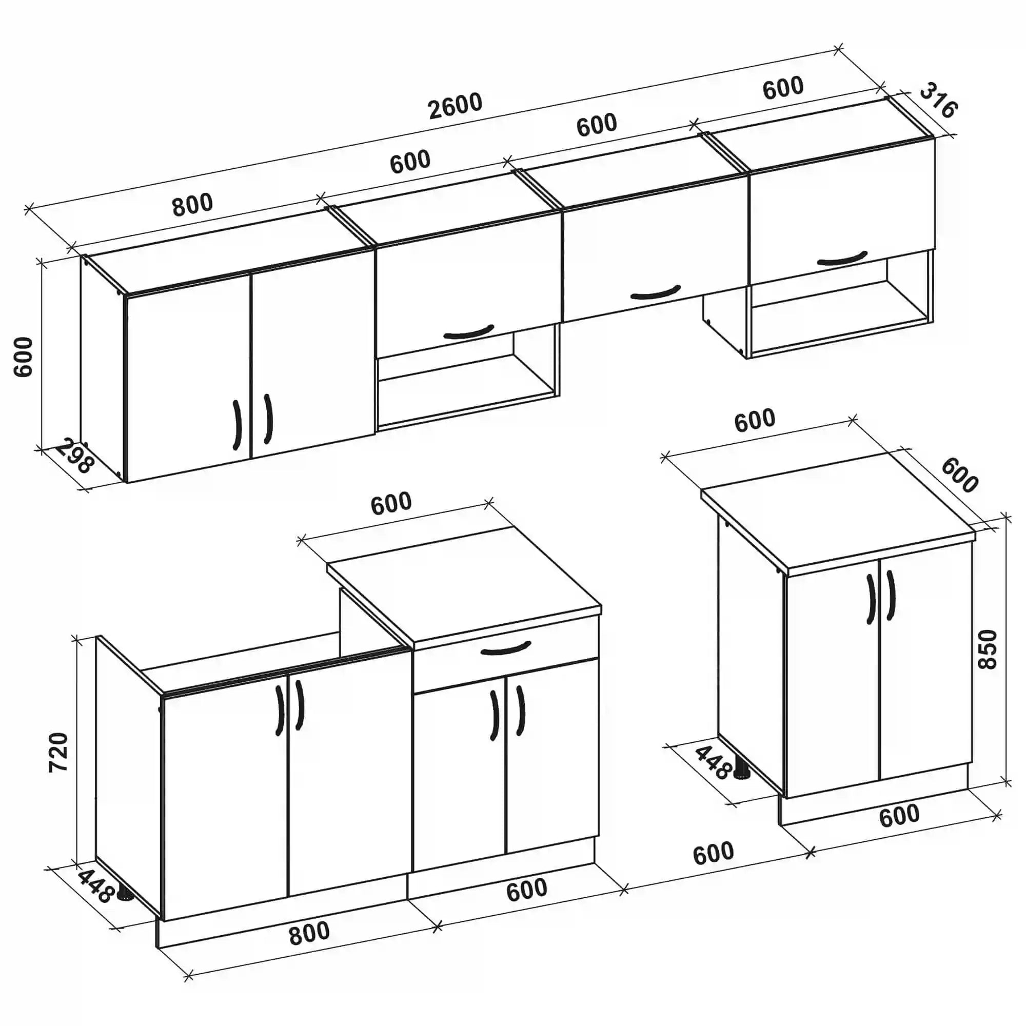 Set bucatarie VIOLA, stejar sonoma/alb/alb lucios, PAL, 260 cm