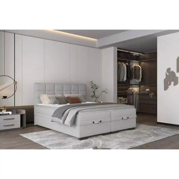 Pat boxspring SEMENO 160x200, personalizabil materiale Gama Oferta Avantaj, cu saltele, spatiu depozitare si topper